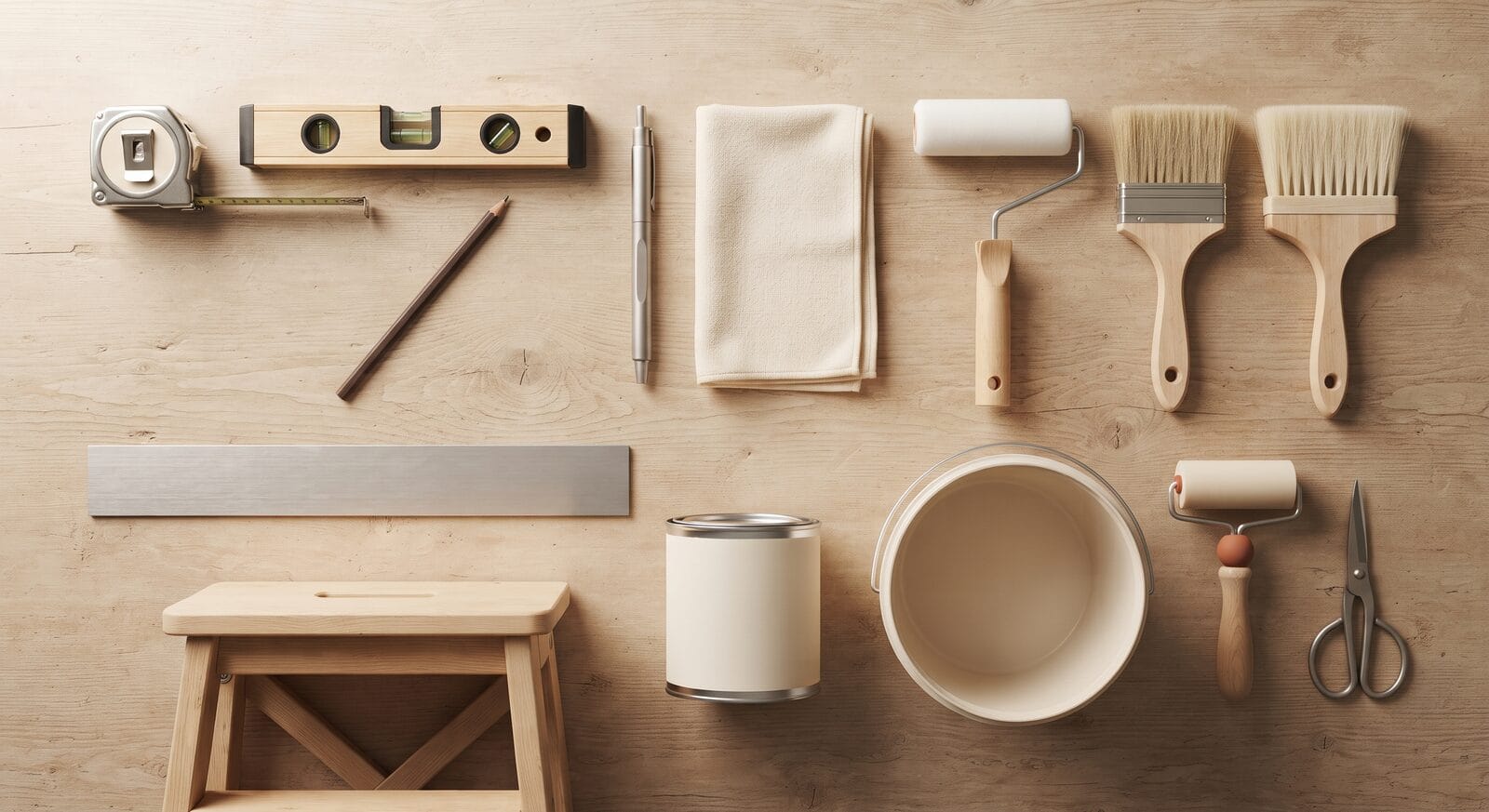 Wallpaper installation tools laid out flat on a wood table