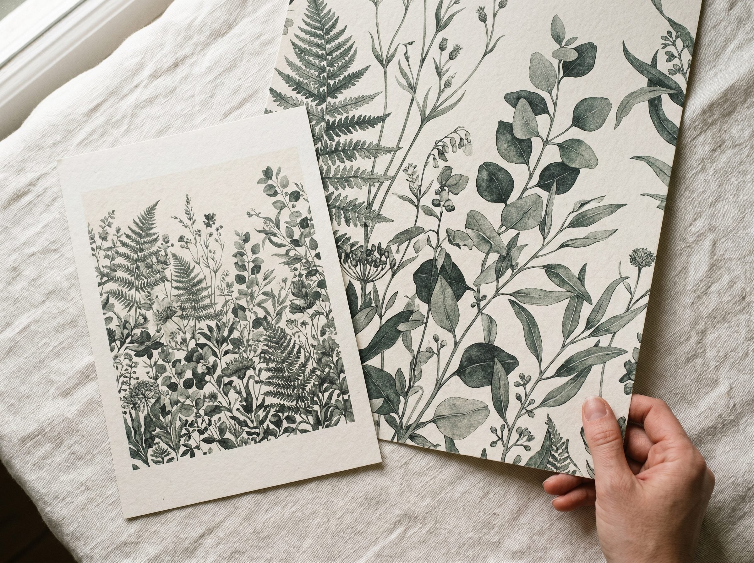 The two printed sample pieces together on linen — the A4 general view and the larger true-size close-up.