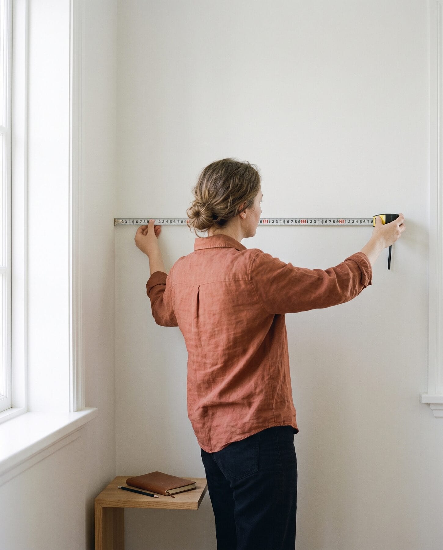 A person measuring a bare wall with a tape measure