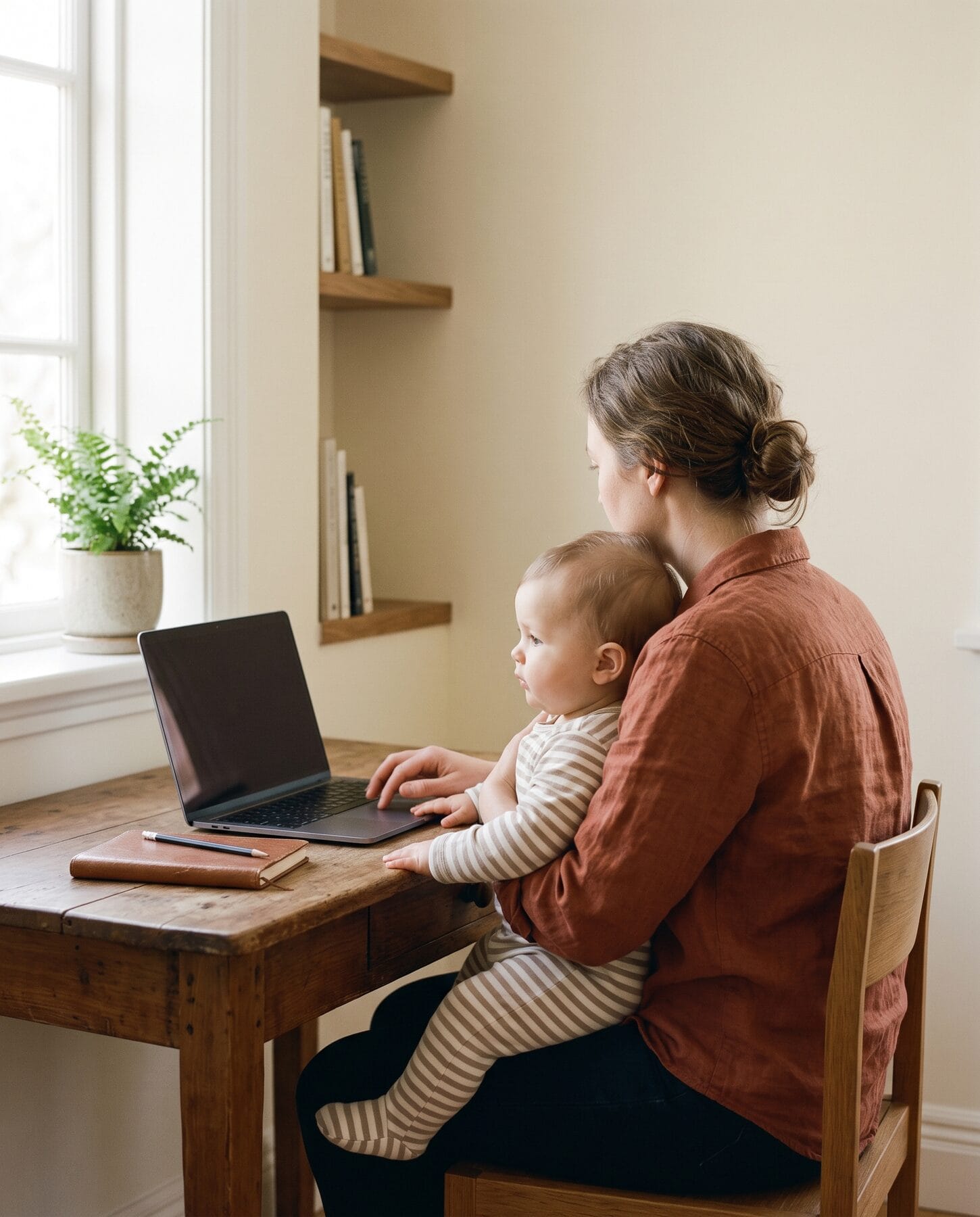 A woman configuring her order on a laptop with her baby beside her