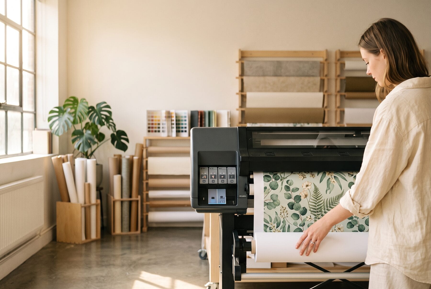 A wallpaper roll coming off a large-format printer in the studio
