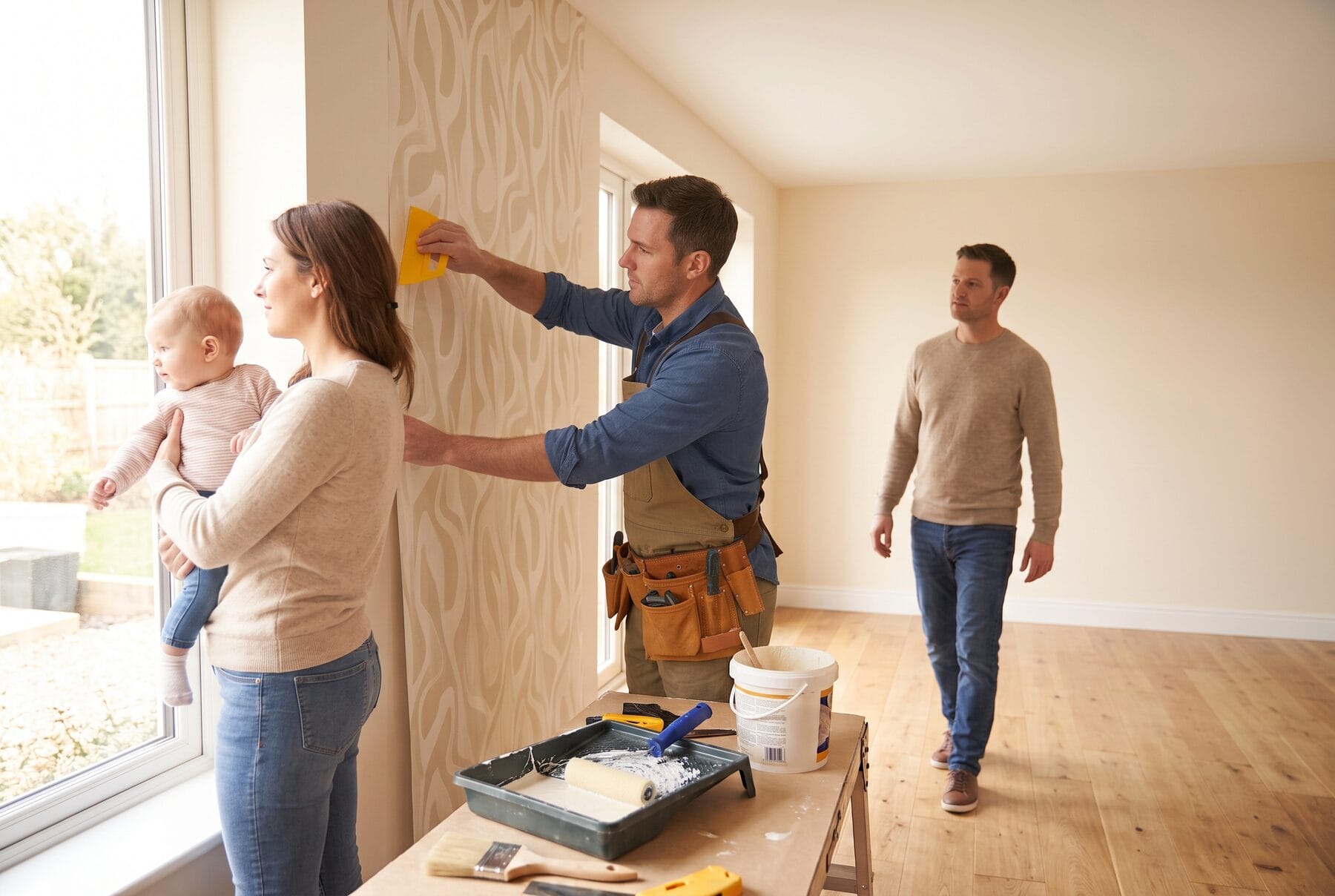 A professional installer hanging wallpaper while family members watch