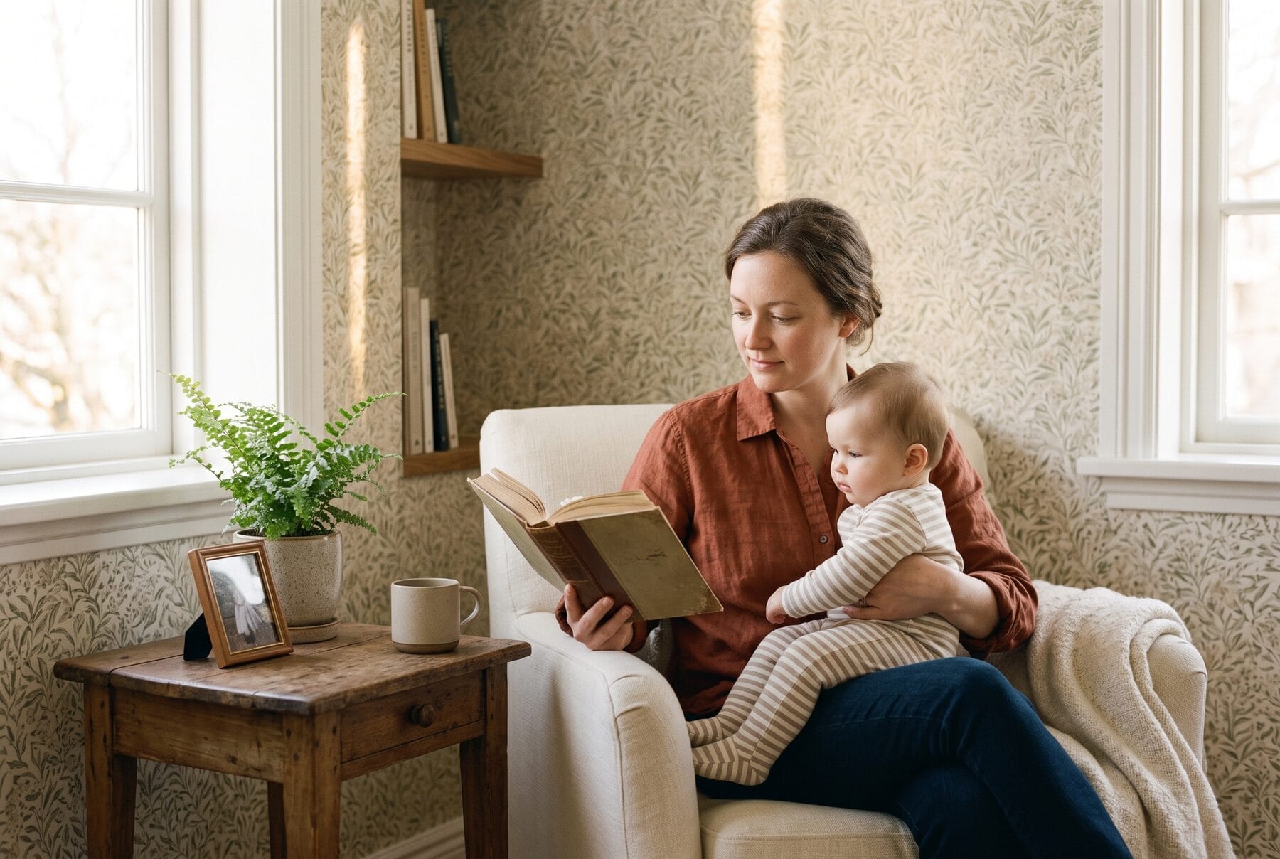 A mother reading with her baby in a room finished with wallpaper