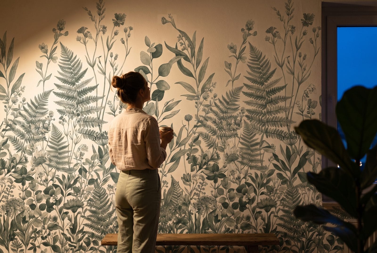 A woman standing before a botanical-papered wall in warm evening lamp light.