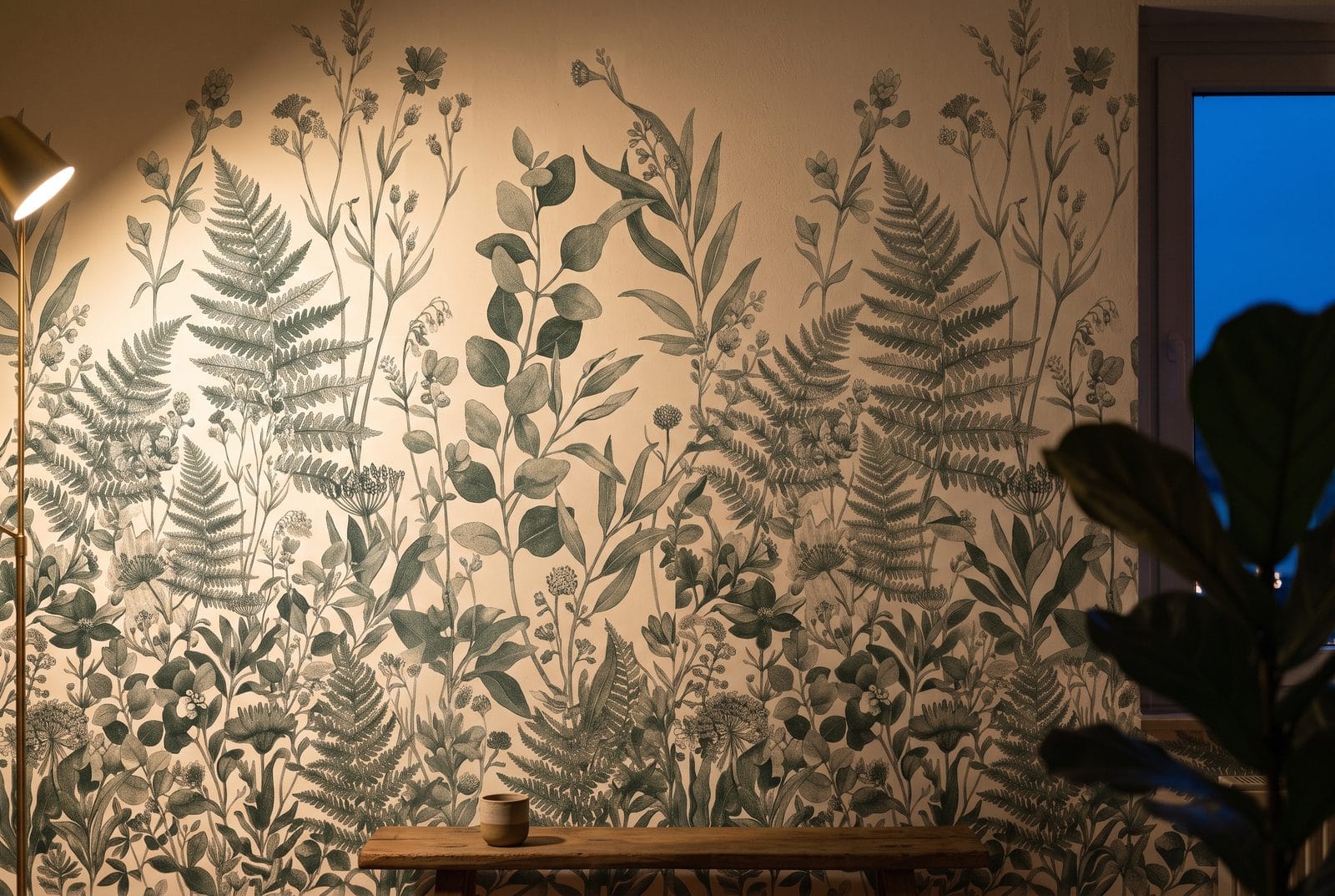A wall covered in botanical wallpaper in evening light, with a wooden bench and a ceramic cup.