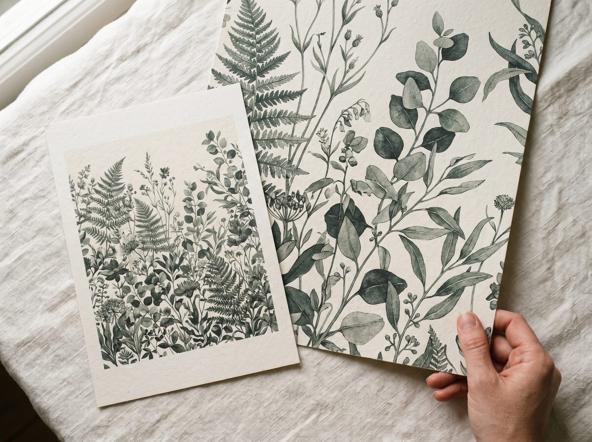 The two printed sample pieces together on linen — the A4 general view and the larger true-size close-up.
