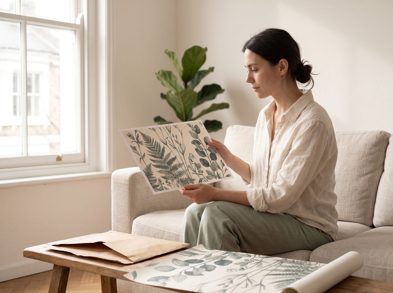 A woman on a sofa examining the newly arrived sample kit and the A4 general-view print.