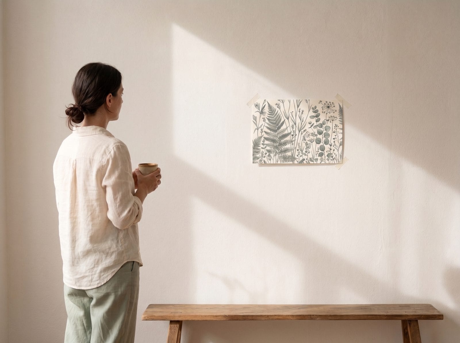 A woman with a cup in hand, looking at the taped sample piece from a few steps back.