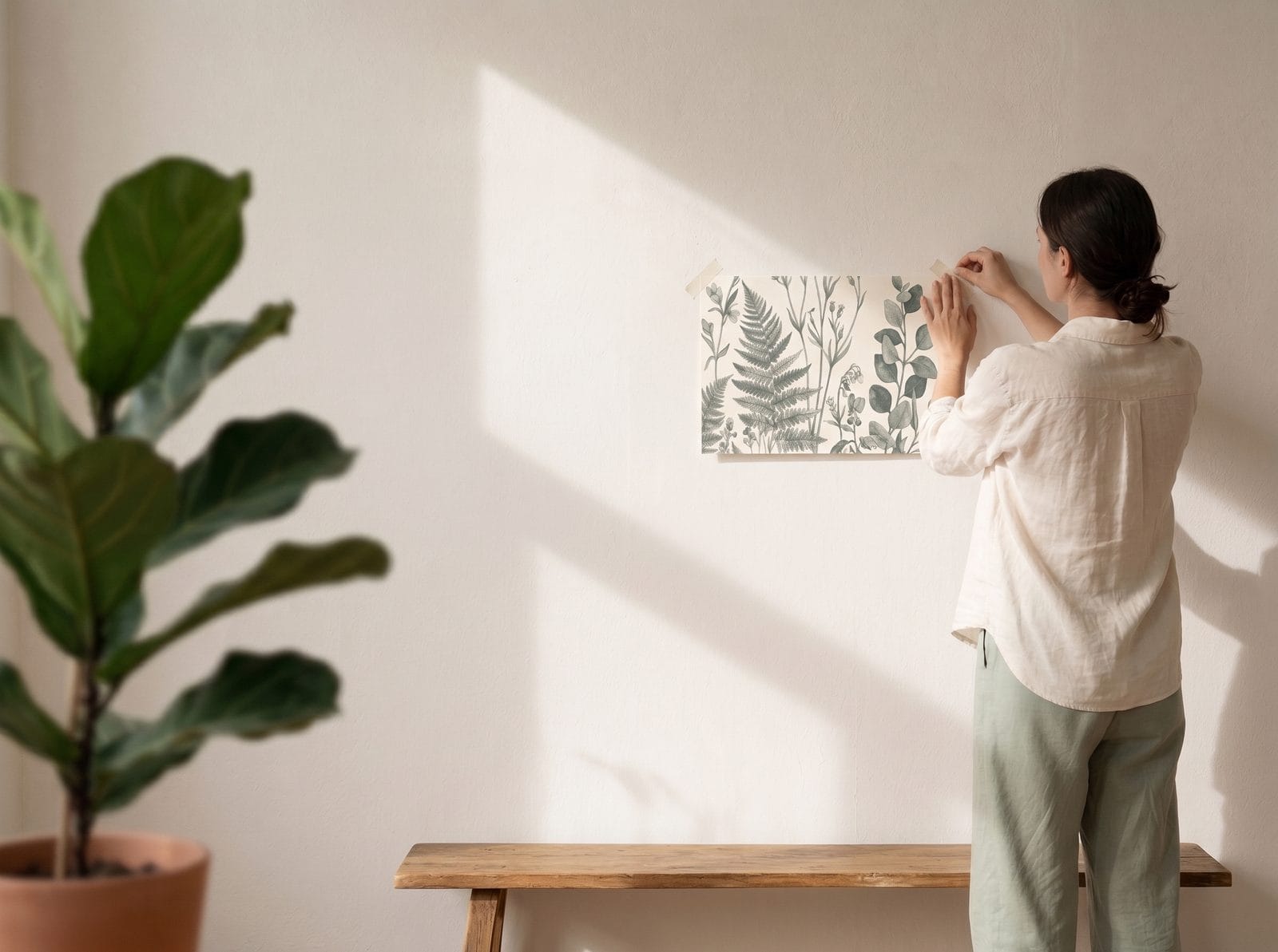 A woman taping the 48 × 32 cm sample piece to her wall with paper tape.