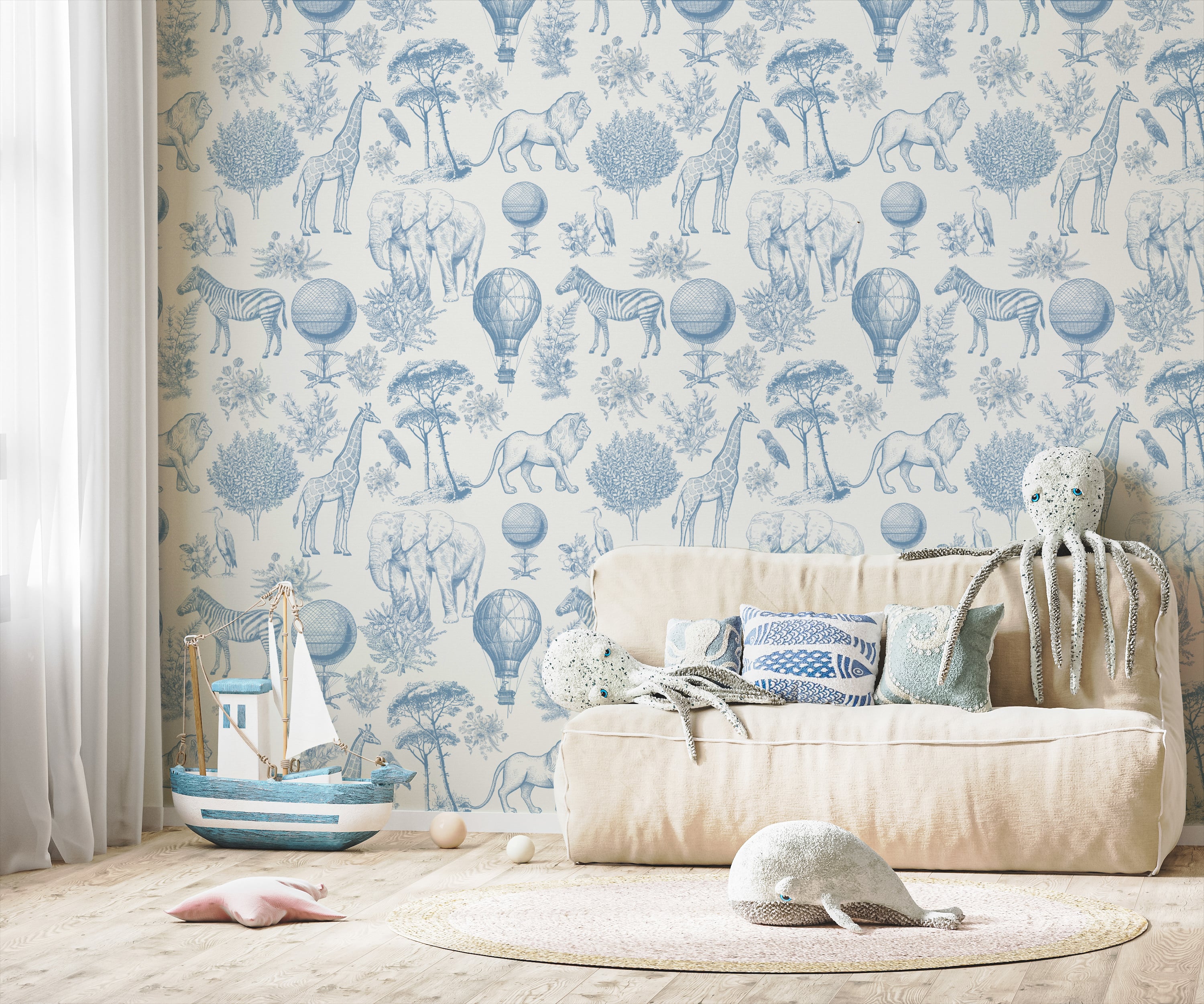 Classic safari pattern wallpaper featuring elephants giraffes and lions