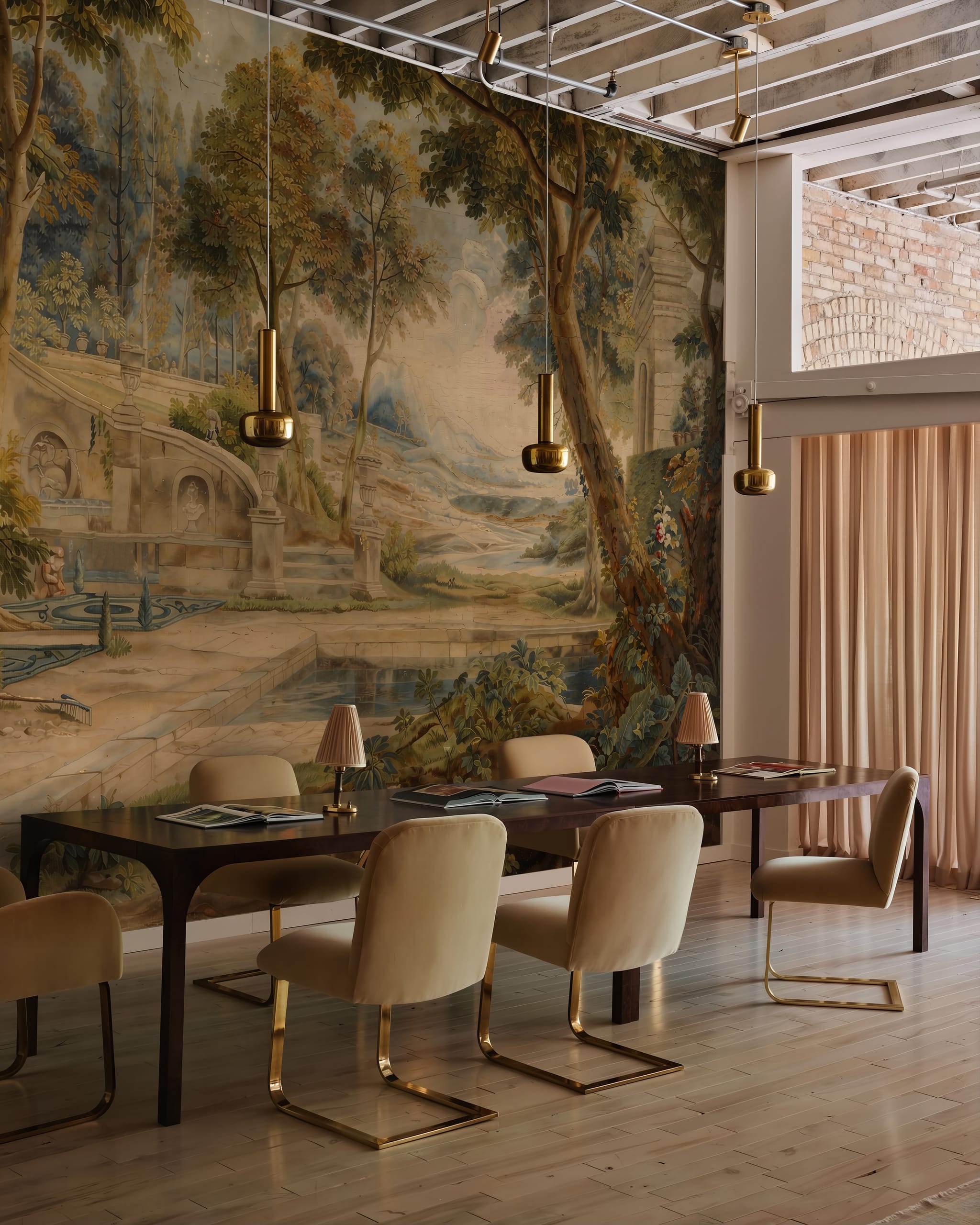 Scenic wall mural displayed in a dining room with woven chairs, light wood furniture, and a classical garden landscape