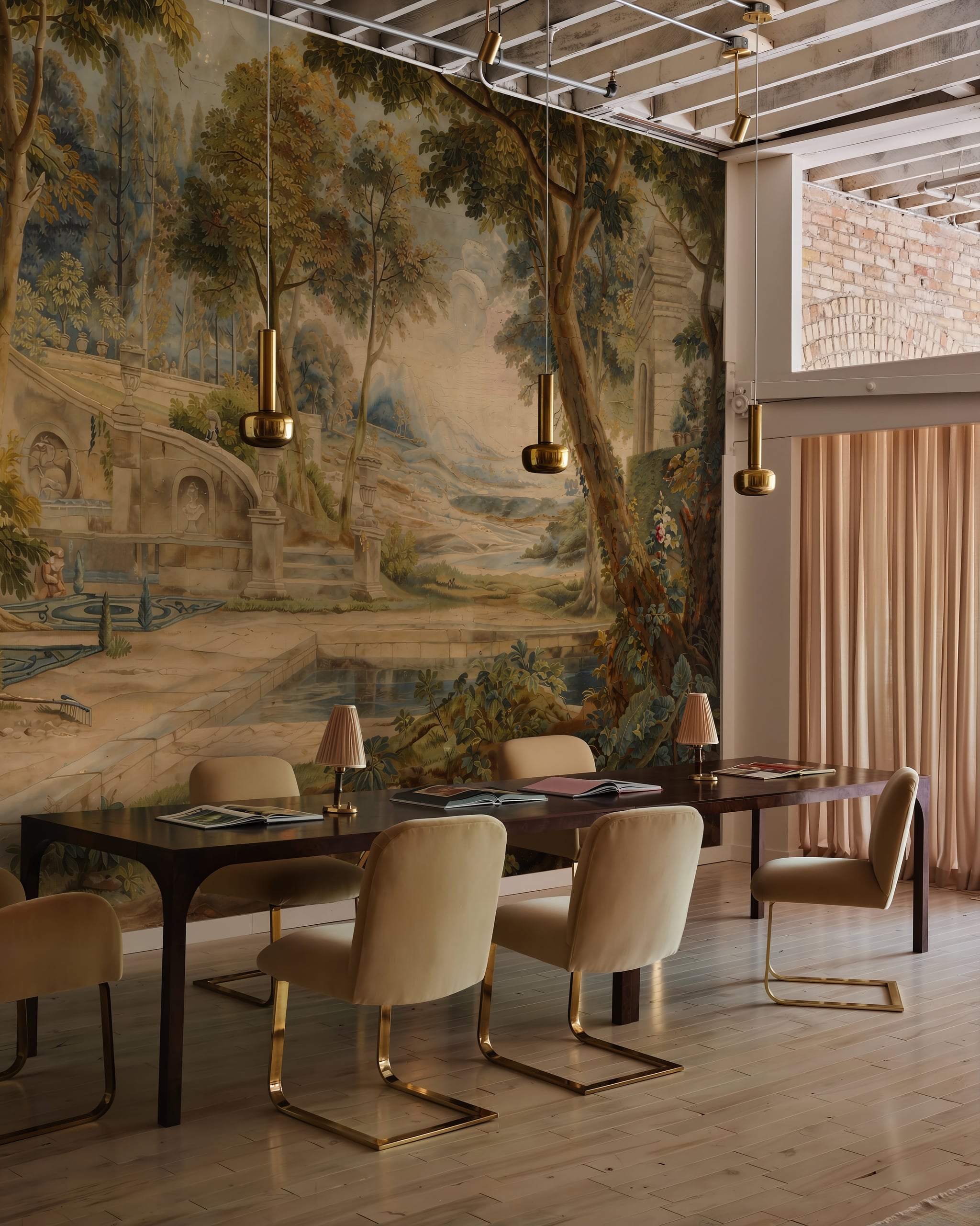 Scenic wall mural displayed in a dining room with woven chairs, light wood furniture, and a classical garden landscape