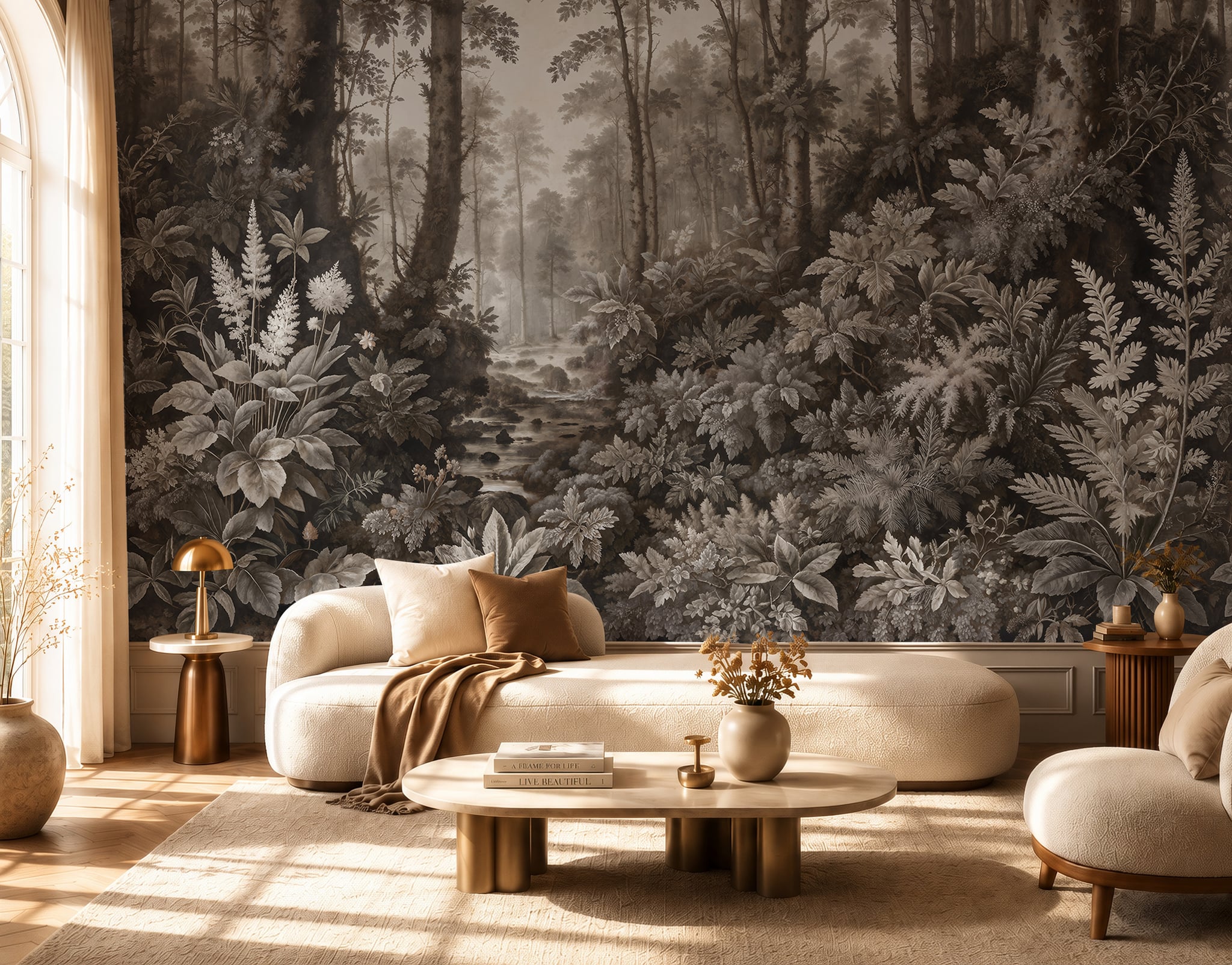 Dark forest wallpaper wall mural with tall trees, layered foliage, woodland stream, and moody botanical scenery
