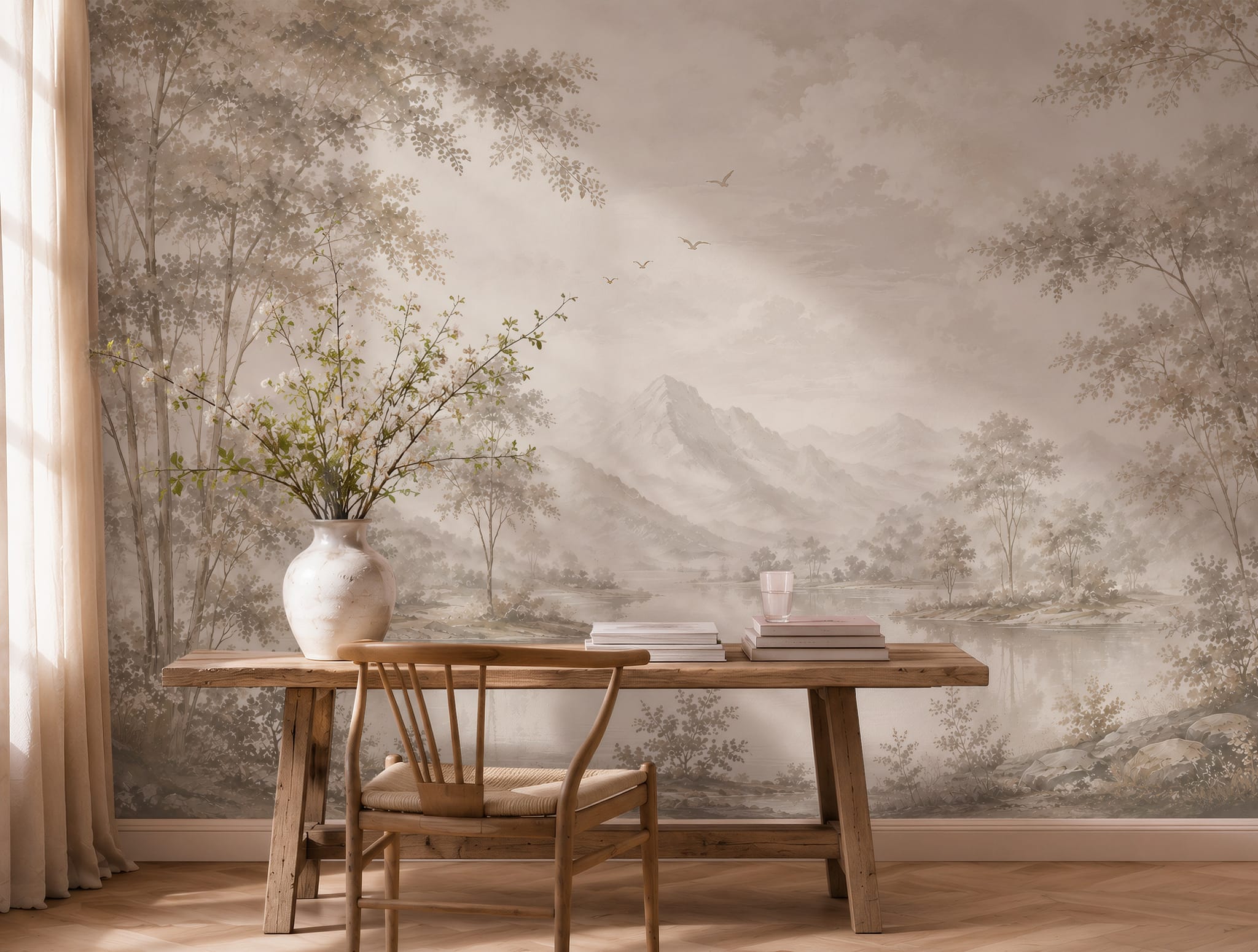 Scenic mountain wall mural displayed in a warm entryway with natural wood furniture and neutral décor