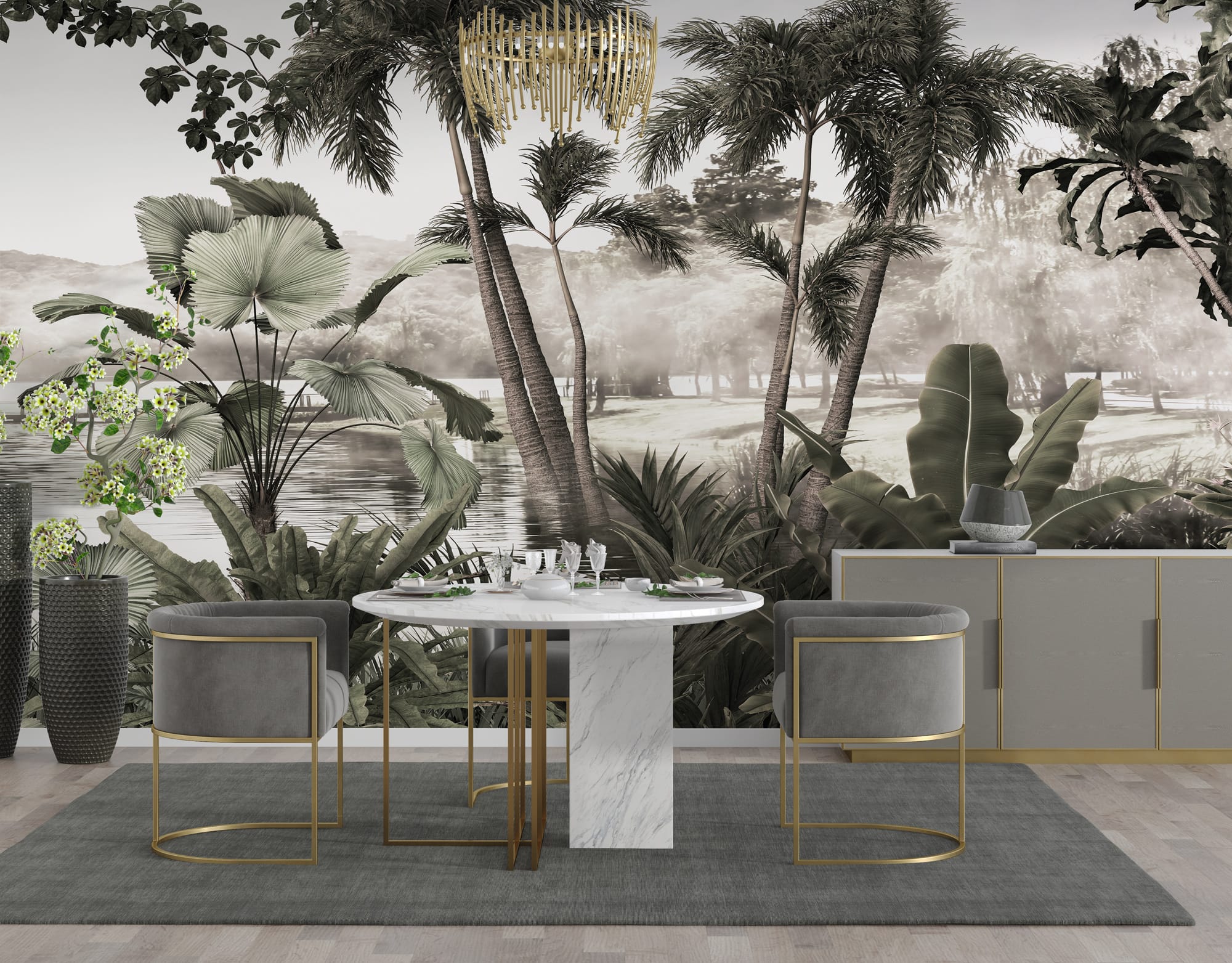 Scenic palm tree wall mural displayed in an elegant dining room with marble, brass, and neutral furnishings