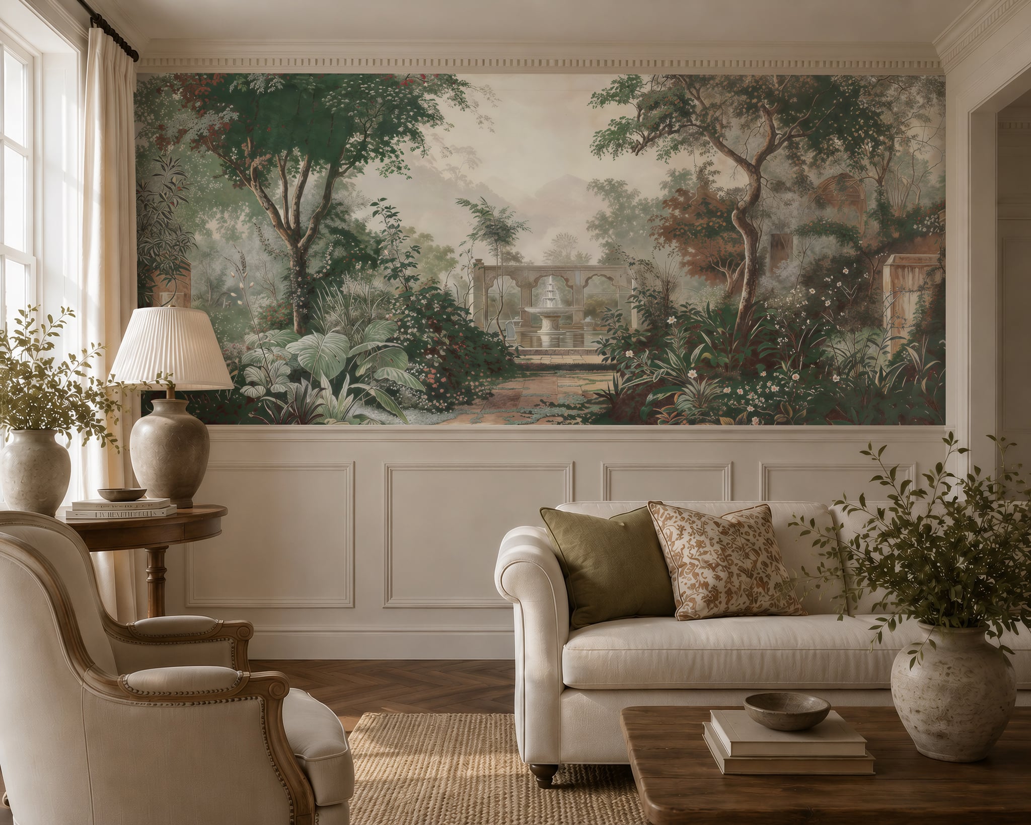 Garden landscape wallpaper mural with lush trees, fountain and romantic courtyard scenery