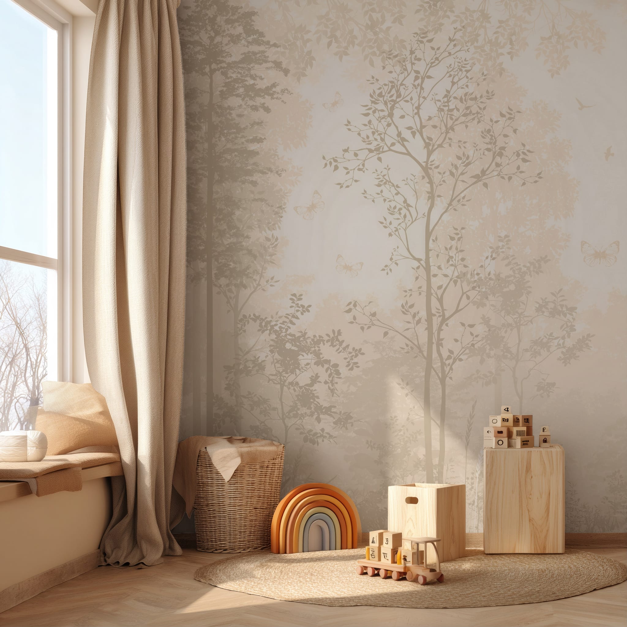 Soft woodland mural with trees and butterflies