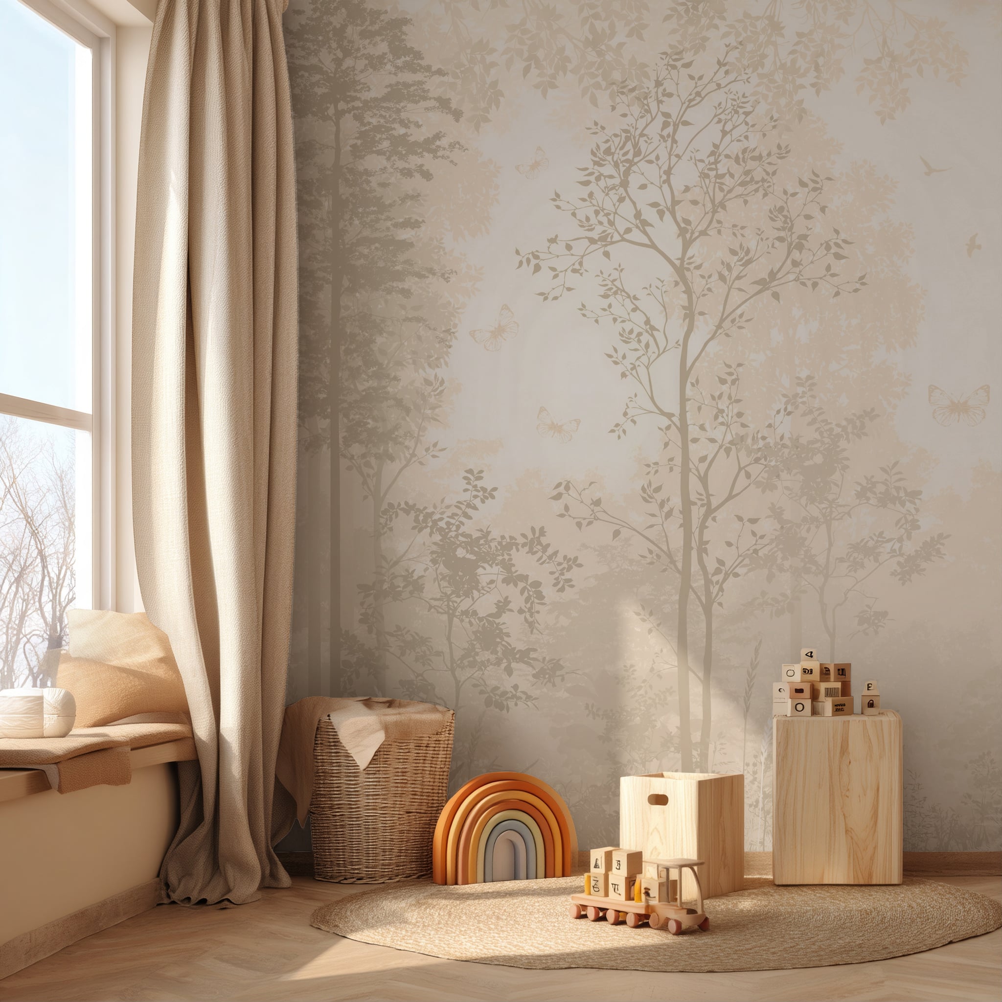 Soft woodland mural with trees and butterflies