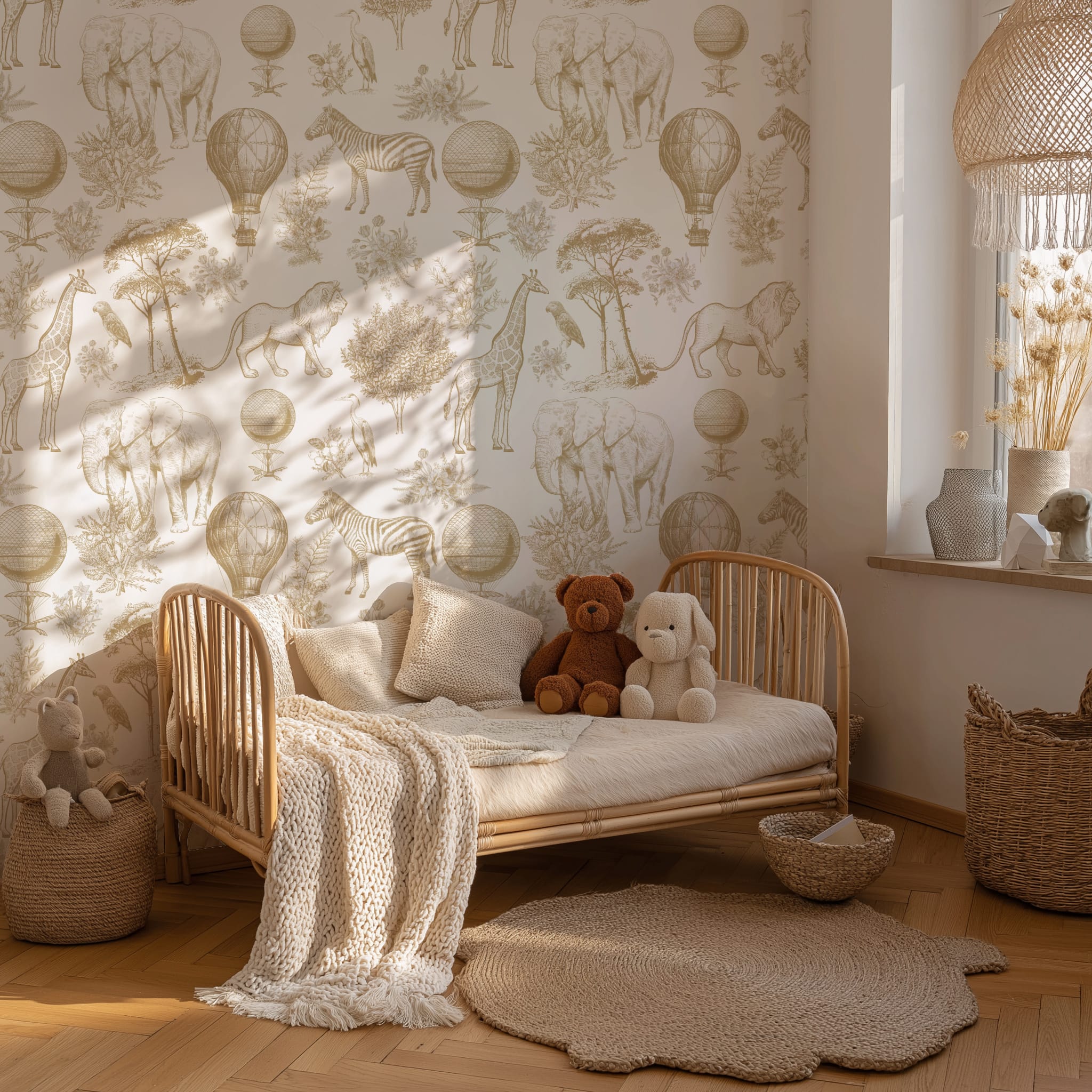 Custom safari nursery wallpaper in beige tones