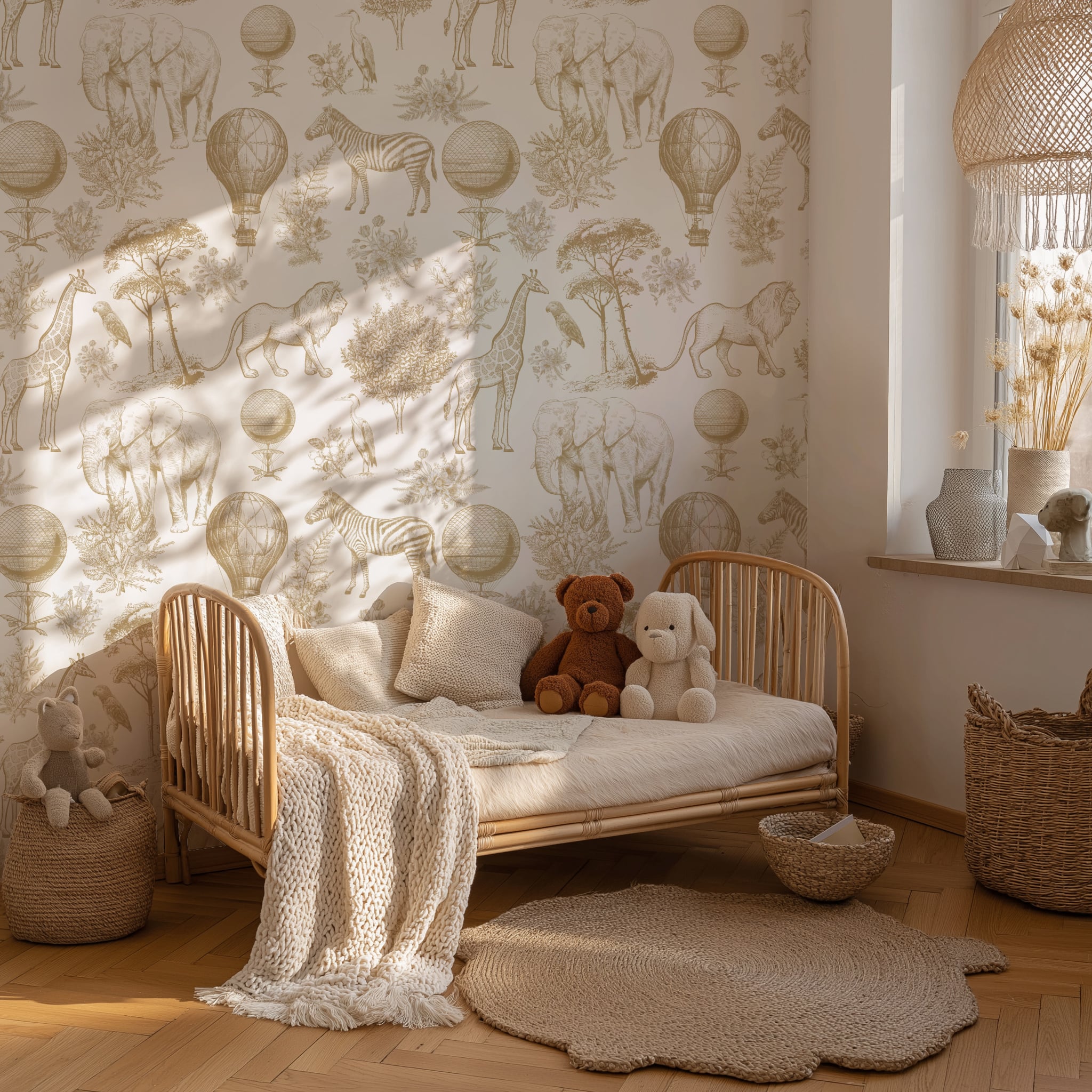 Custom safari nursery wallpaper in beige tones