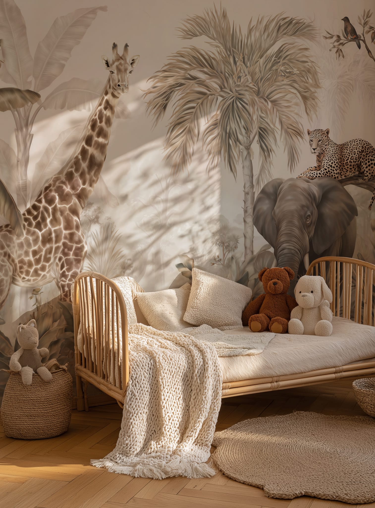 Safari nursery wallpaper with giraffe elephant and leopard mural