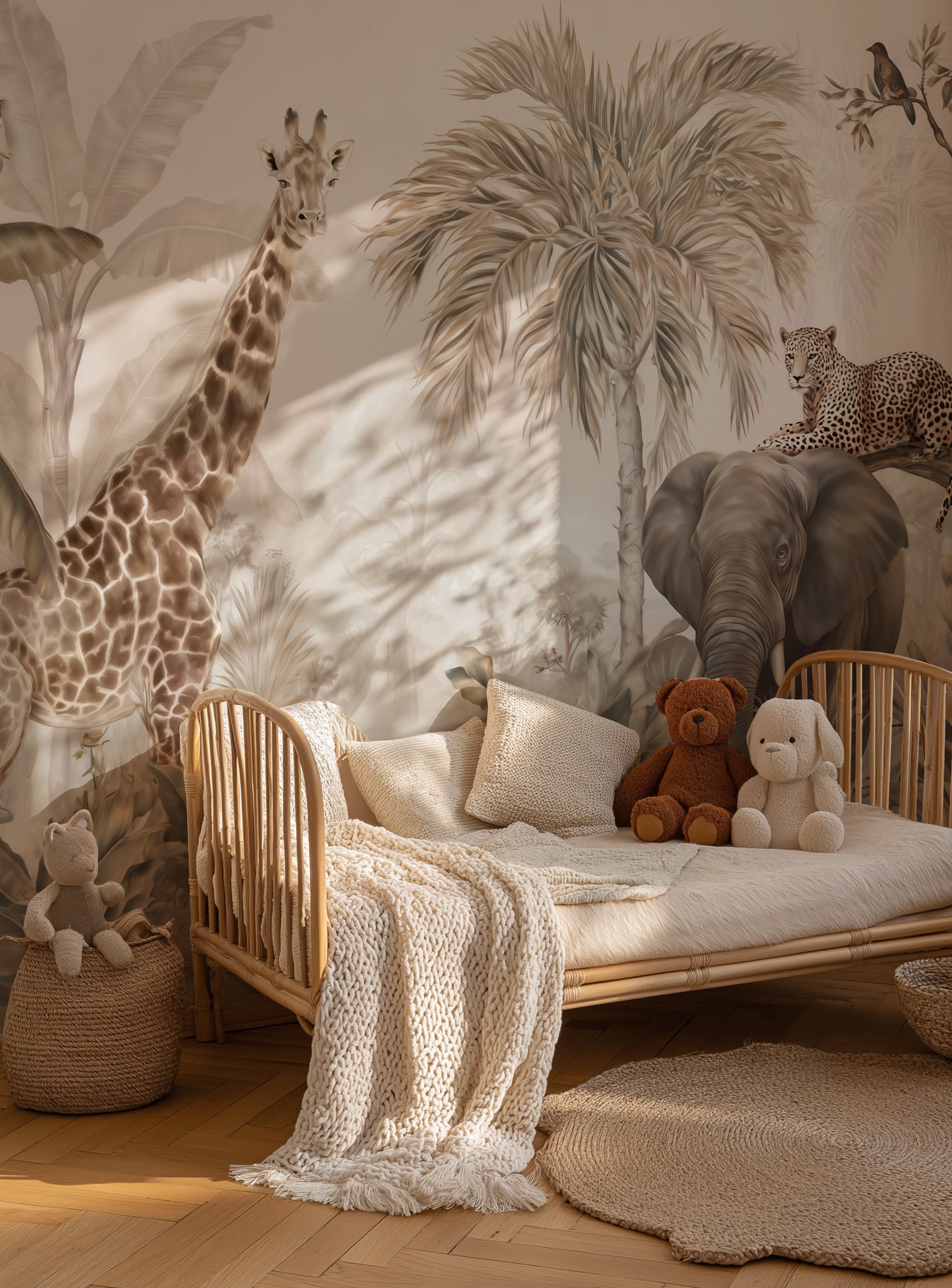 Safari nursery wallpaper with giraffe elephant and leopard mural