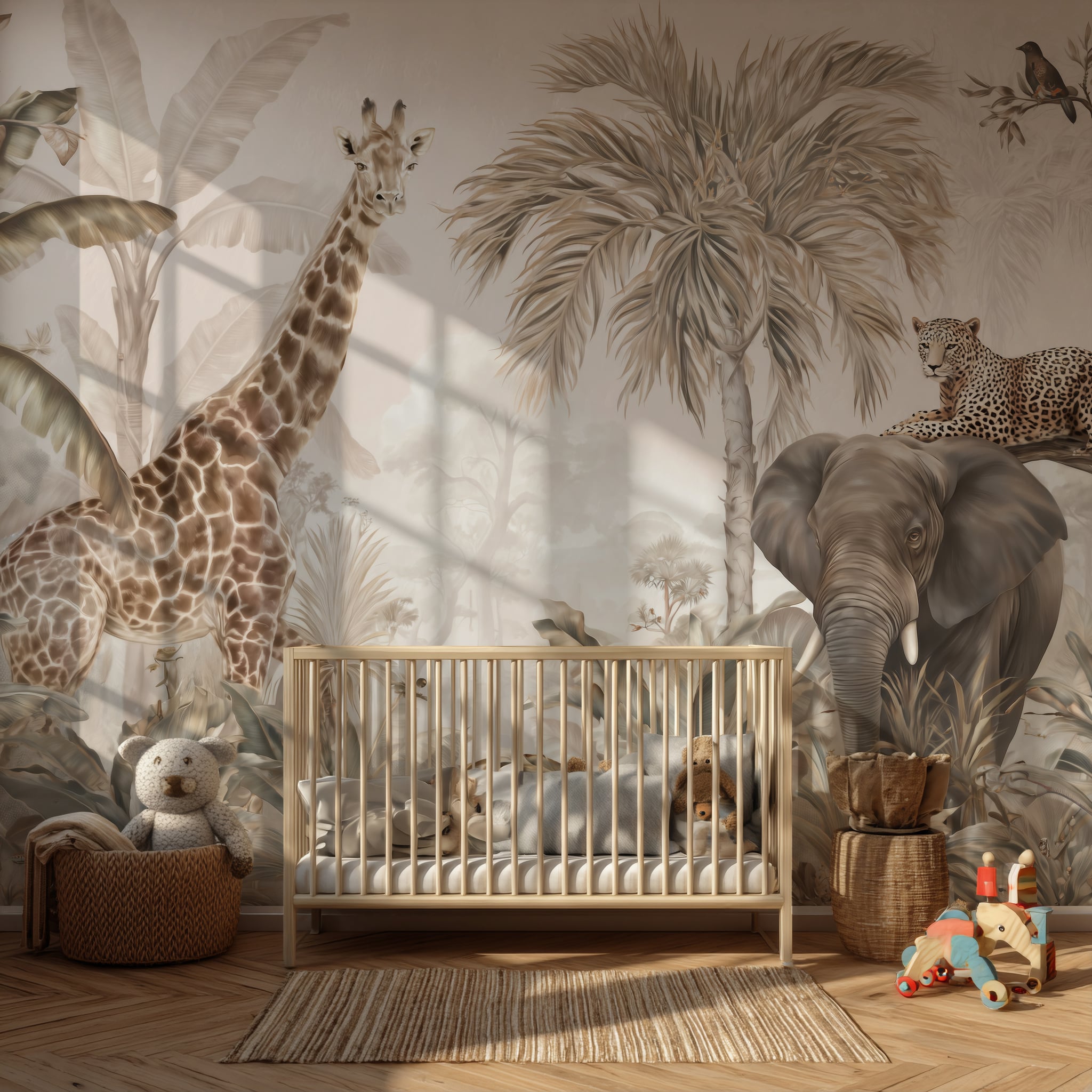 Safari nursery wallpaper with giraffe elephant and leopard mural