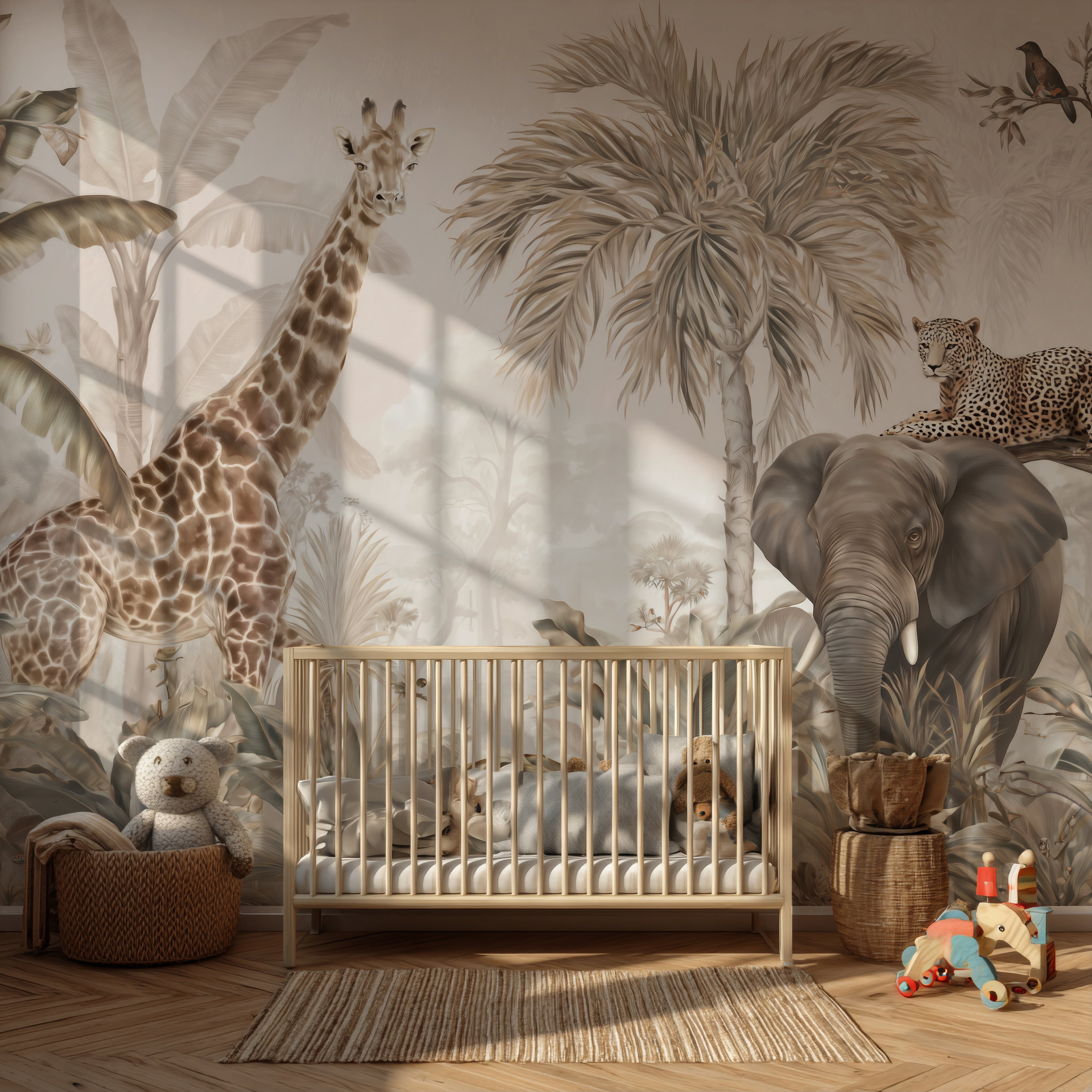 Safari nursery wallpaper with giraffe elephant and leopard mural
