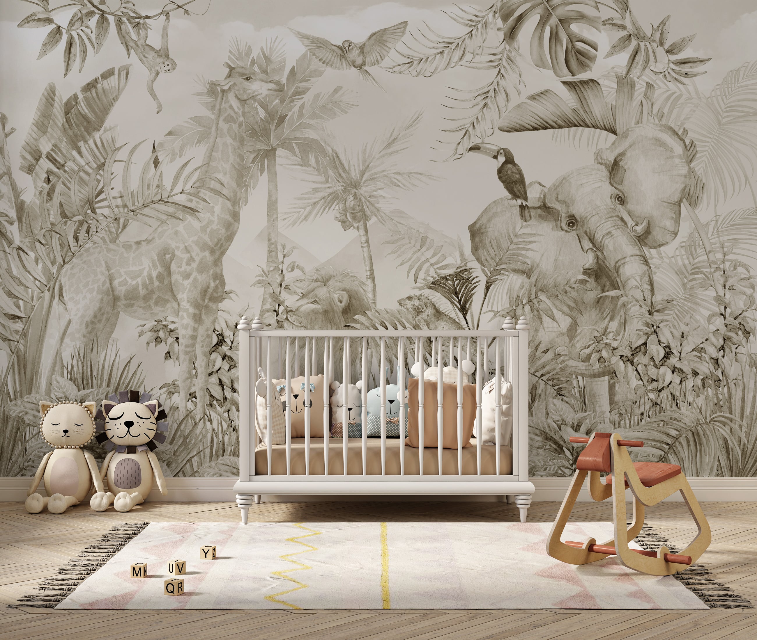 Monochrome safari mural for nursery and kids room