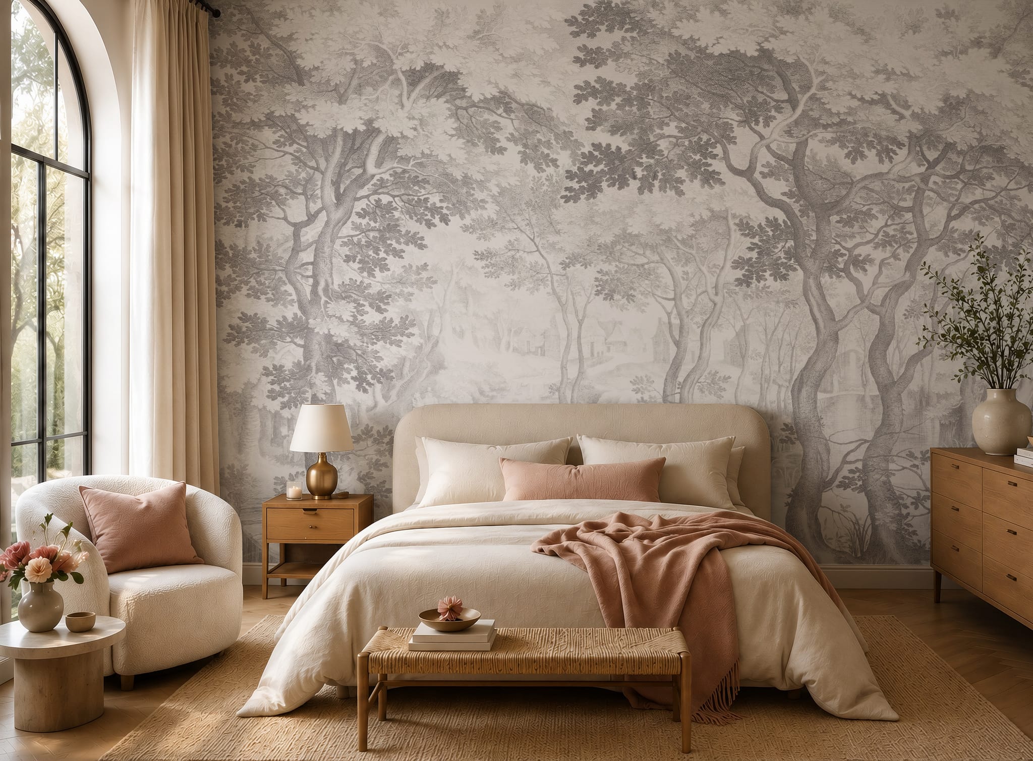 Monochrome scenic tree wall mural displayed in a warm living room with walnut furniture and cream upholstery