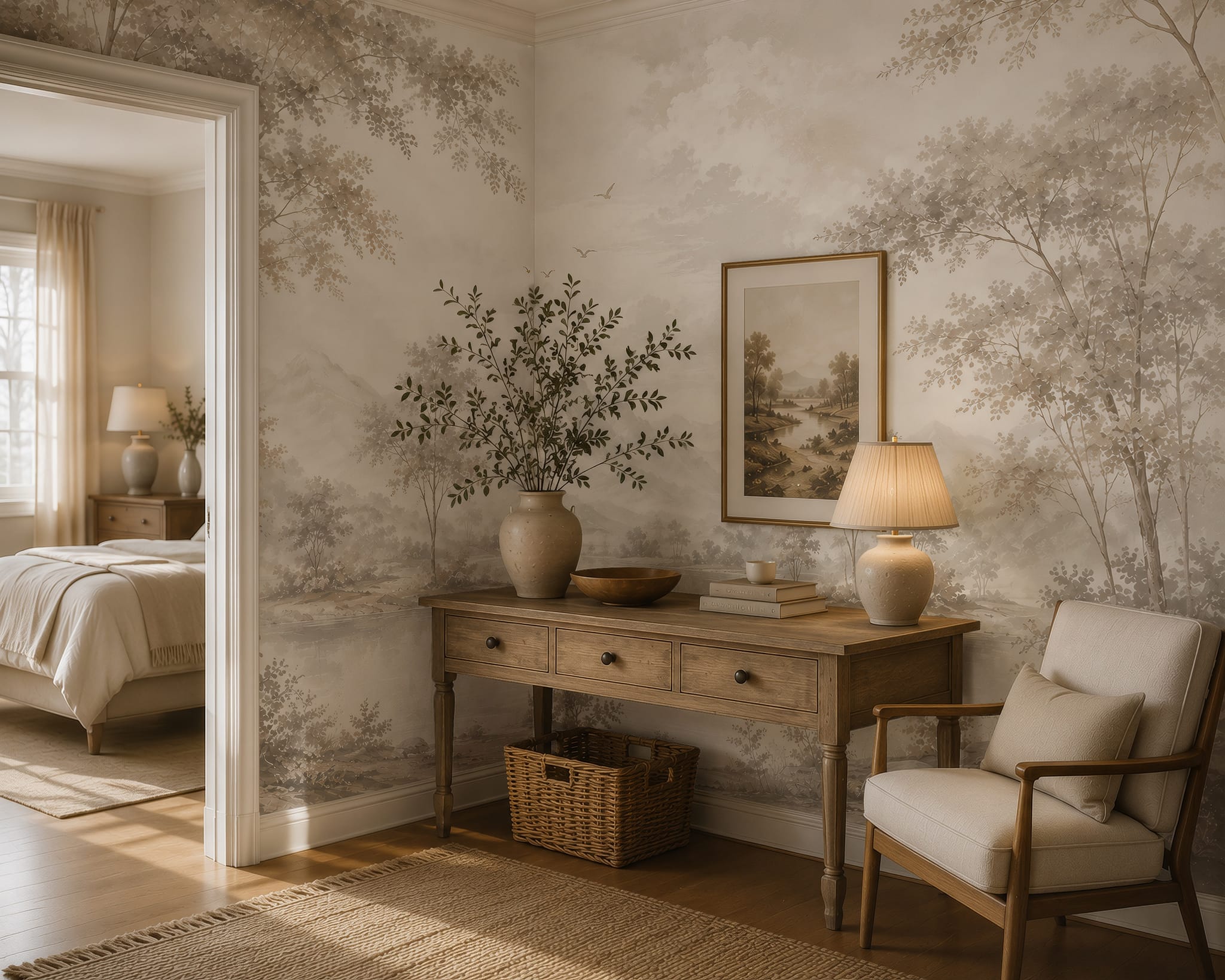 Neutral mountain landscape wallpaper wall mural with scenic trees, misty peaks, birds, and soft beige scenery
