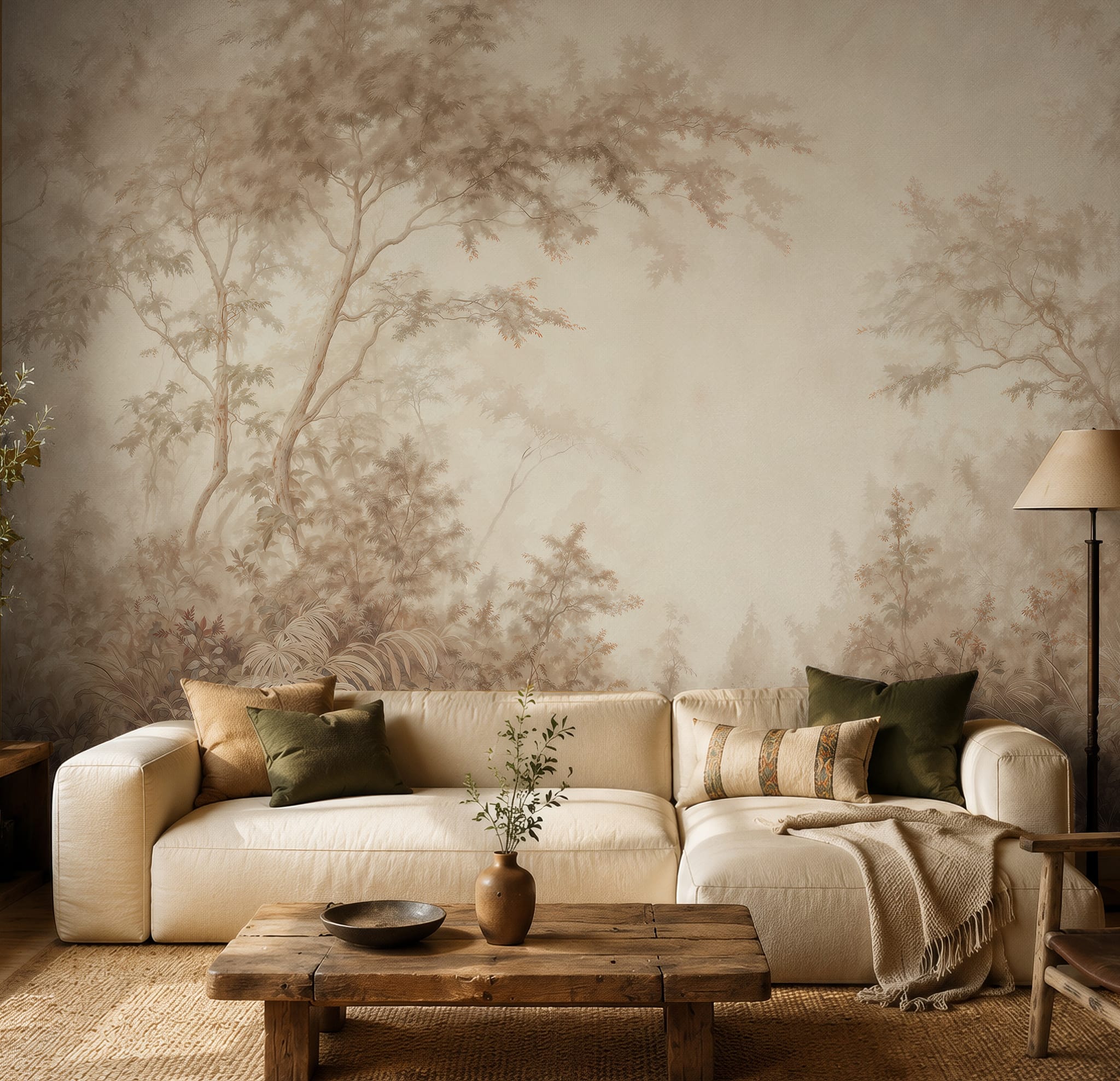 Scenic wall mural displayed in a warm bedroom with natural wood furniture and soft neutral bedding