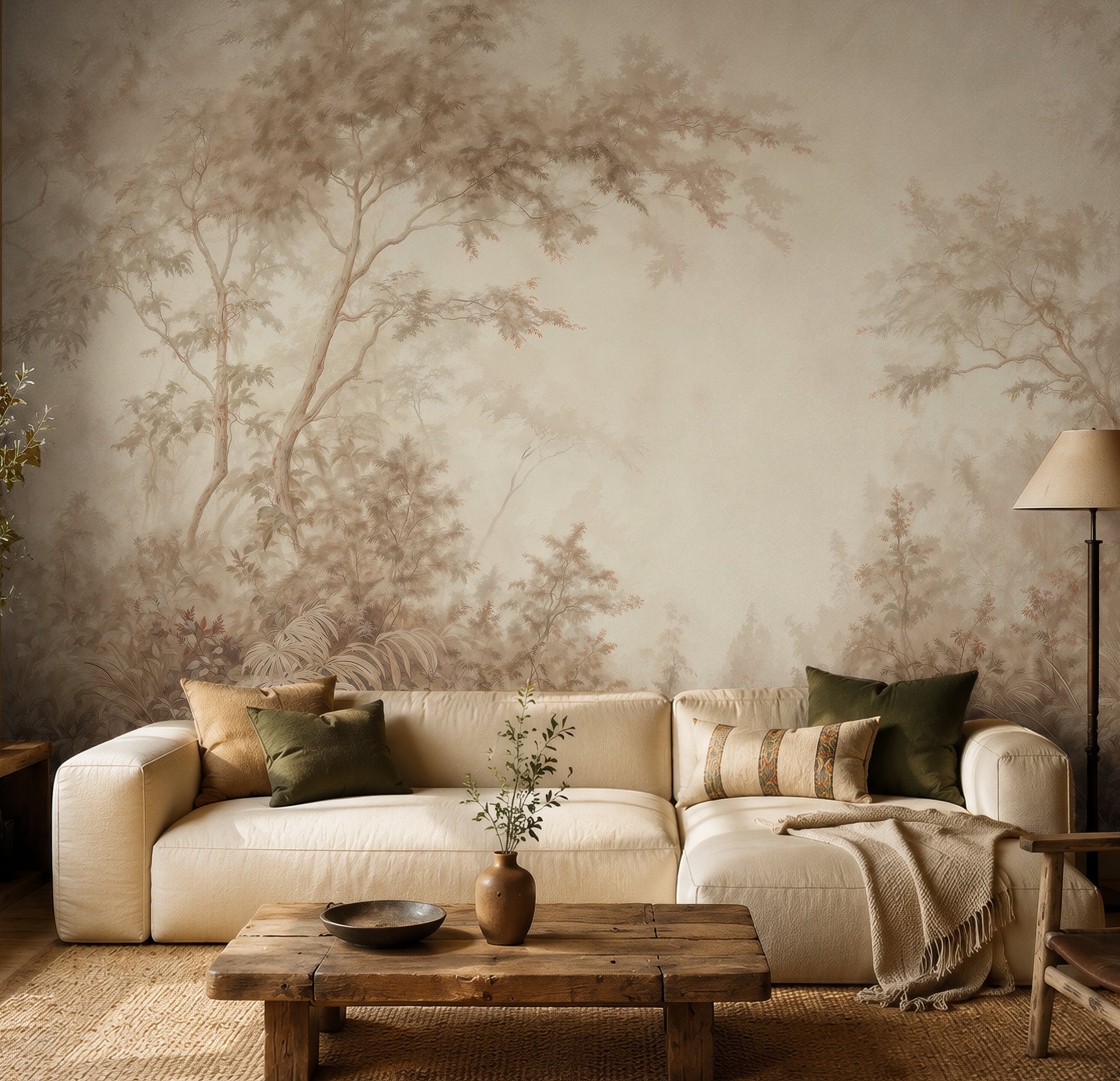 Scenic wall mural displayed in a warm bedroom with natural wood furniture and soft neutral bedding