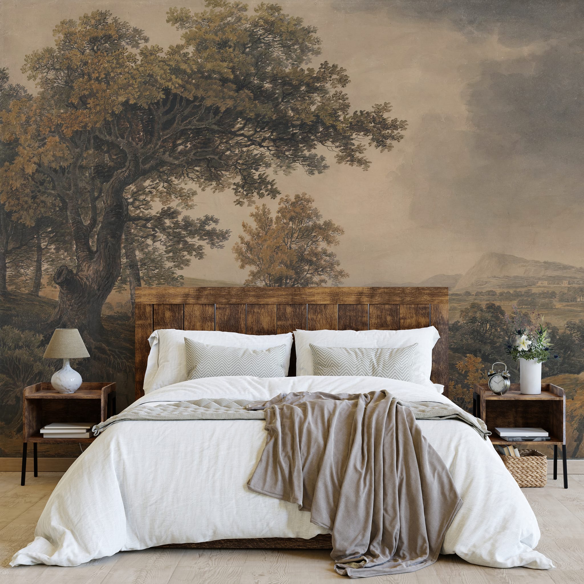 Antique-style countryside wall mural displayed in a cozy reading room with natural wood furniture and earthy textiles