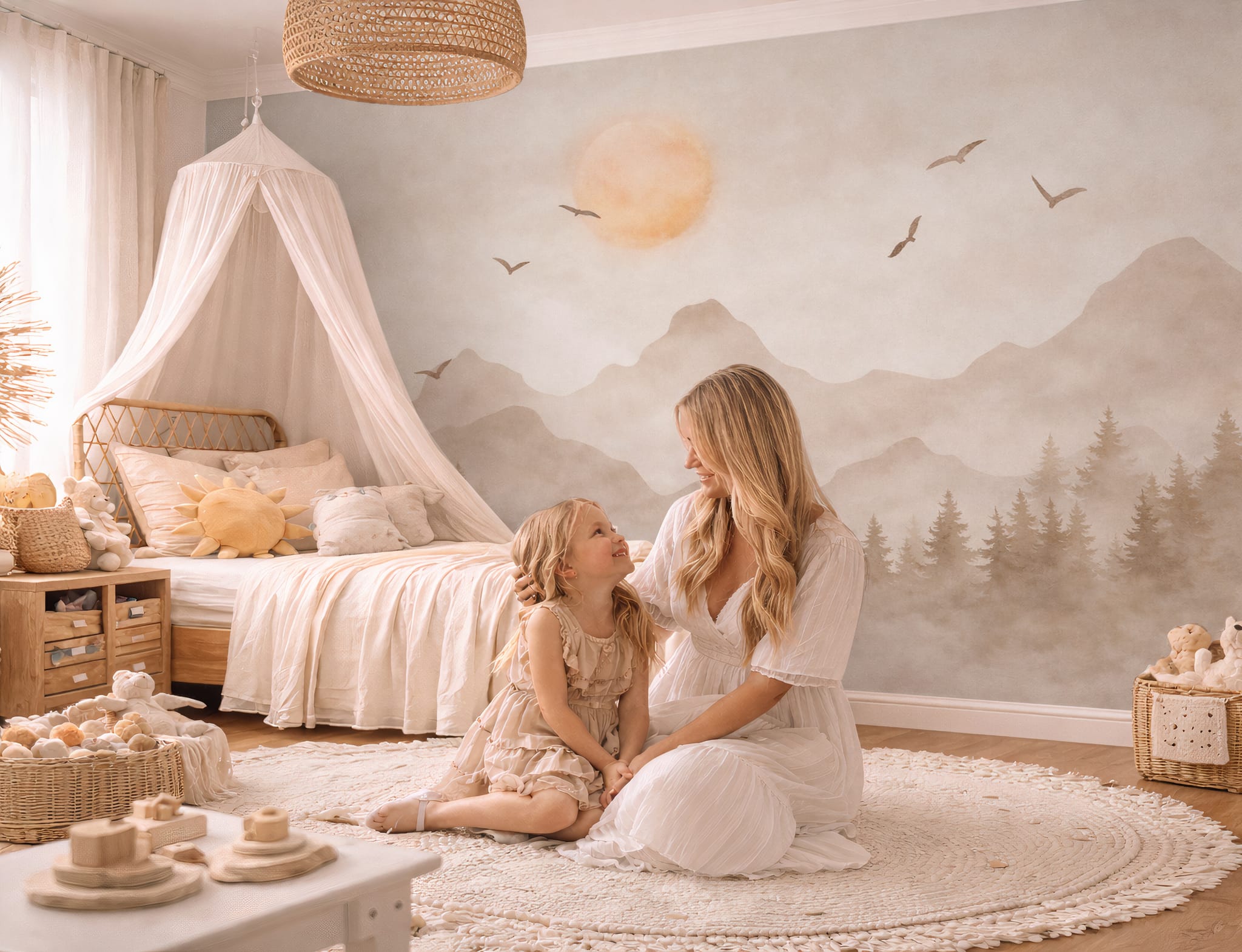 Soft mountain mural with sunrise scenery