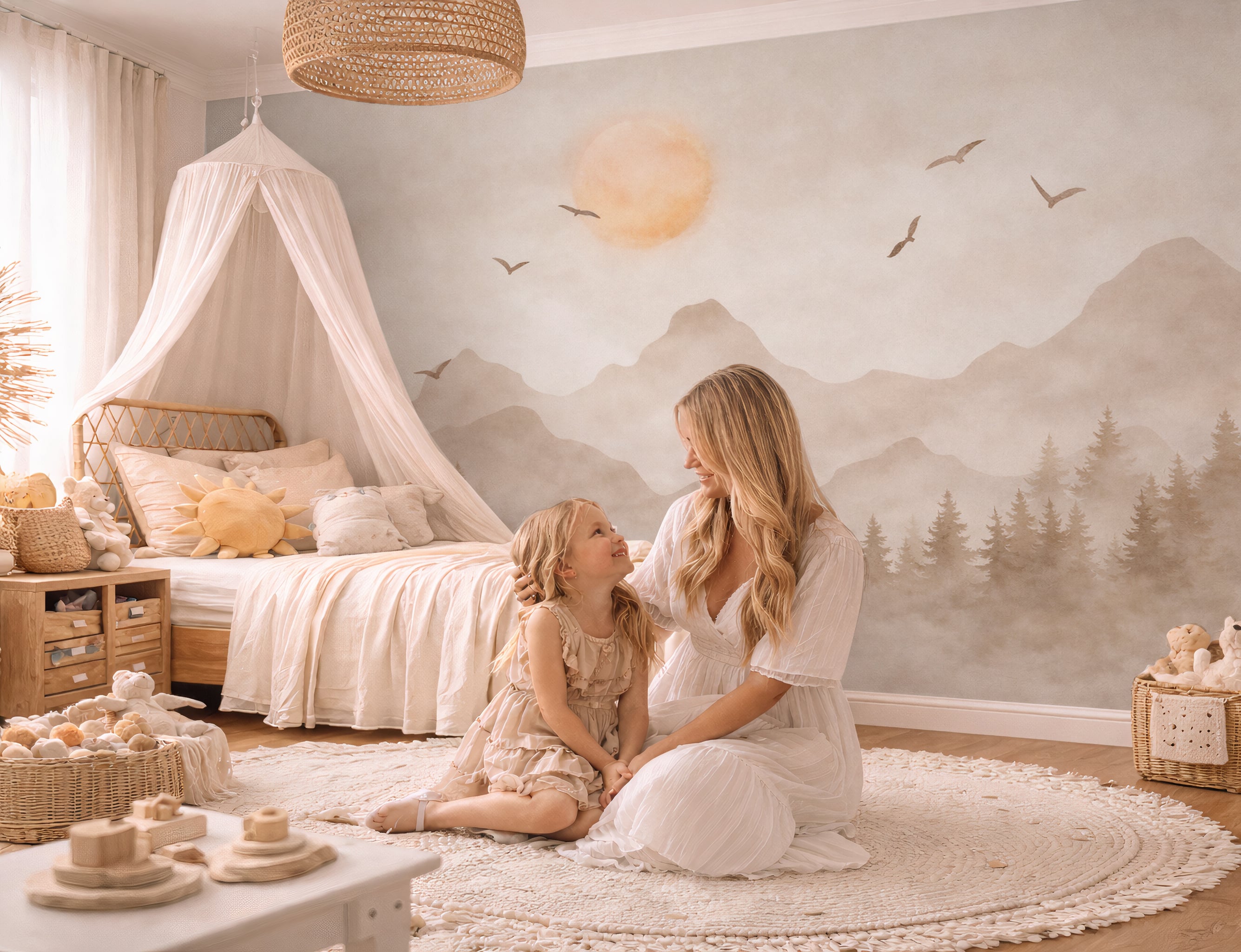 Soft mountain mural with sunrise scenery