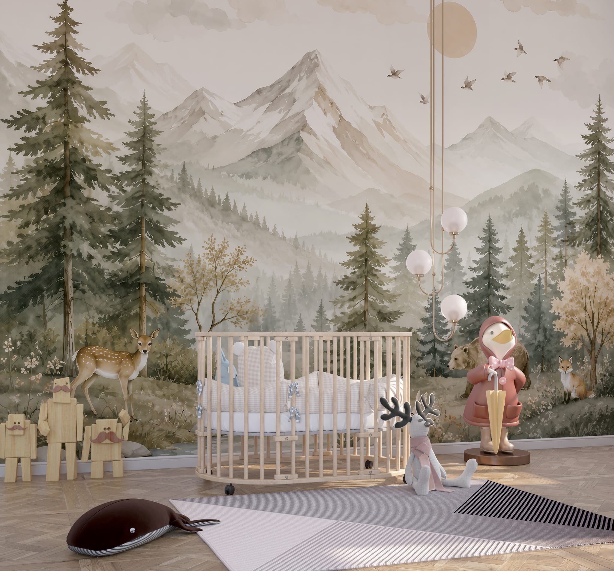 Kids forest wallpaper mural in neutral nursery room