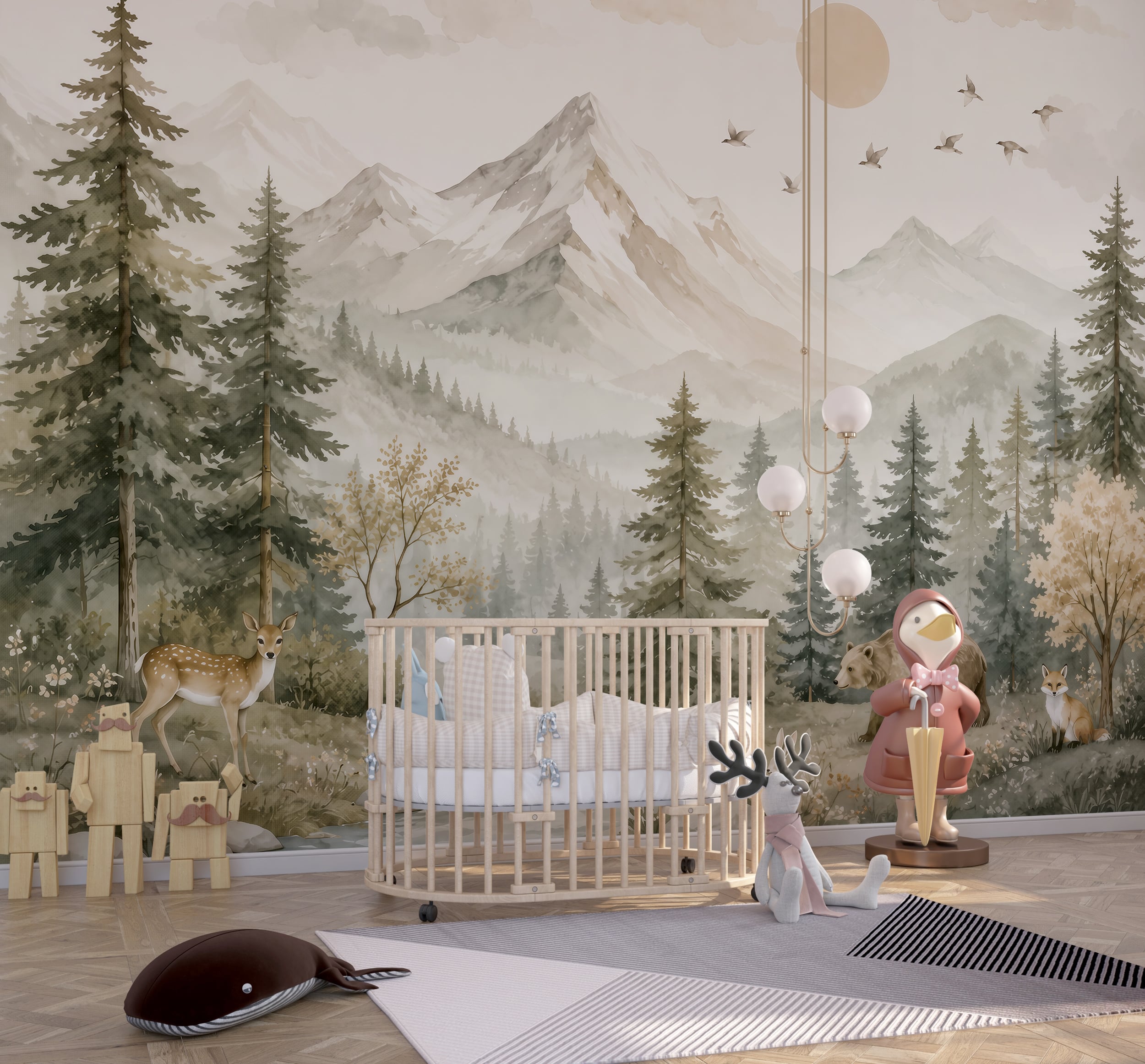 Kids forest wallpaper mural in neutral nursery room