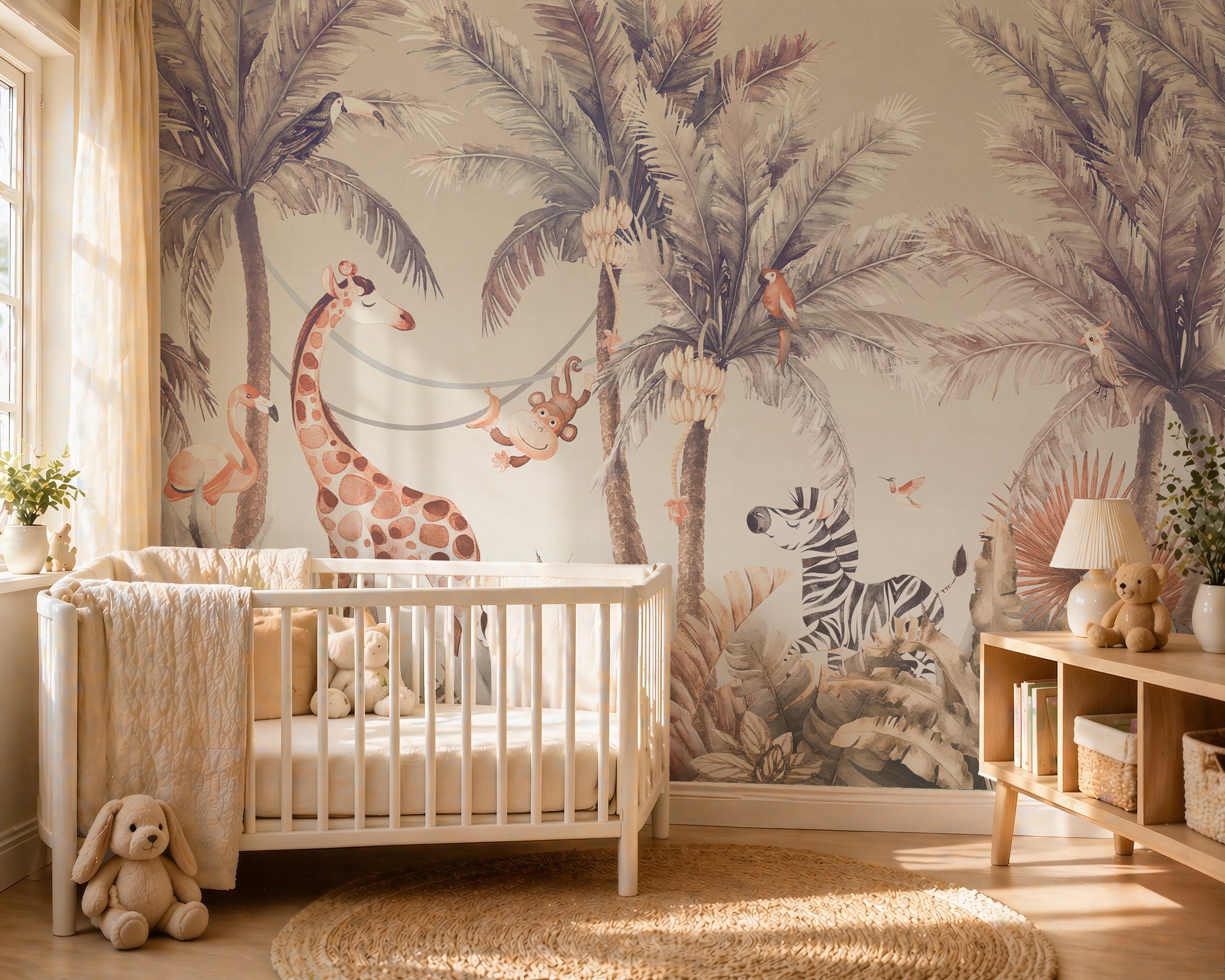 Neutral safari nursery mural with palm trees