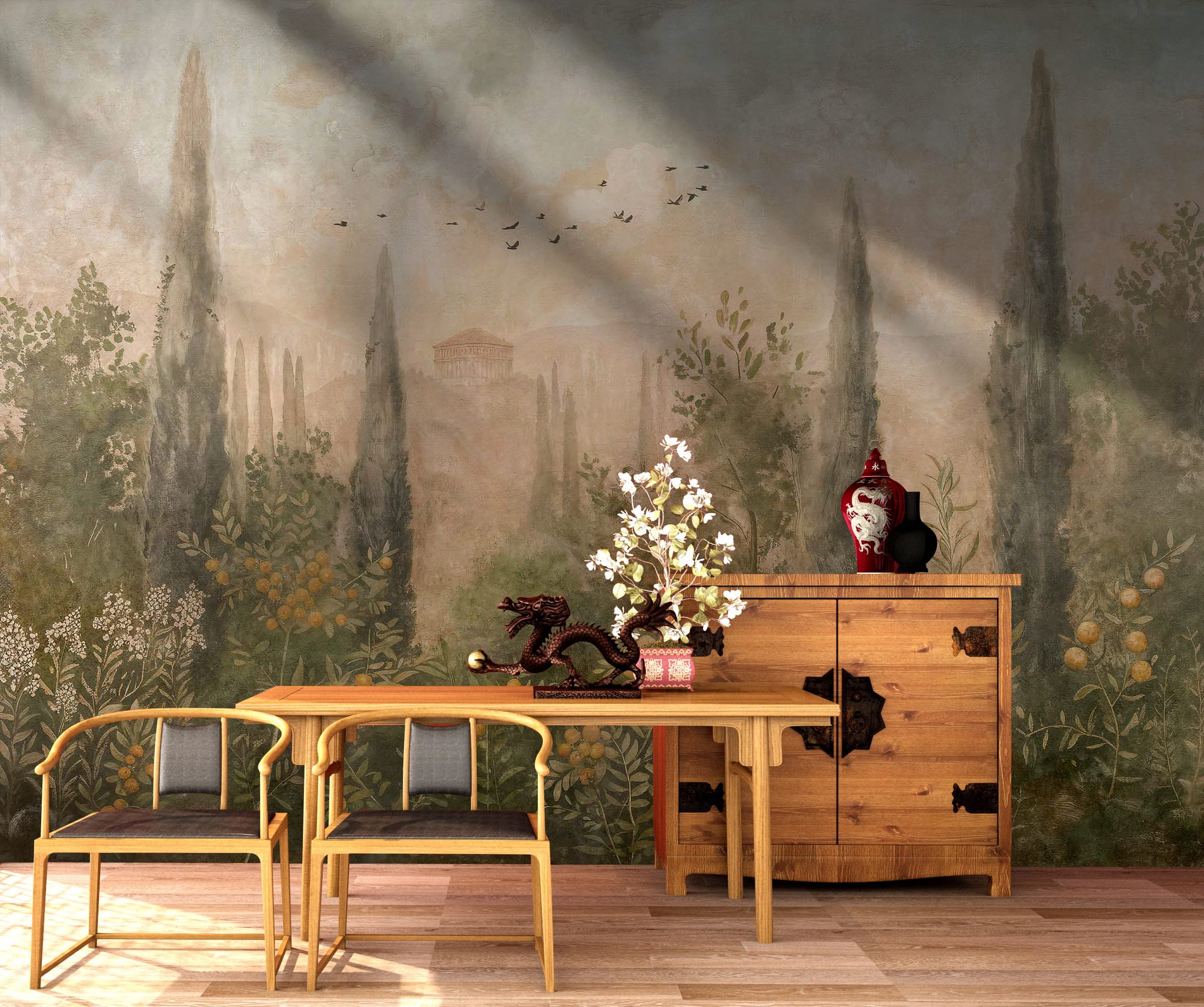 Italian countryside wall mural displayed behind a bed in a warm Mediterranean-style bedroom with natural wood décor