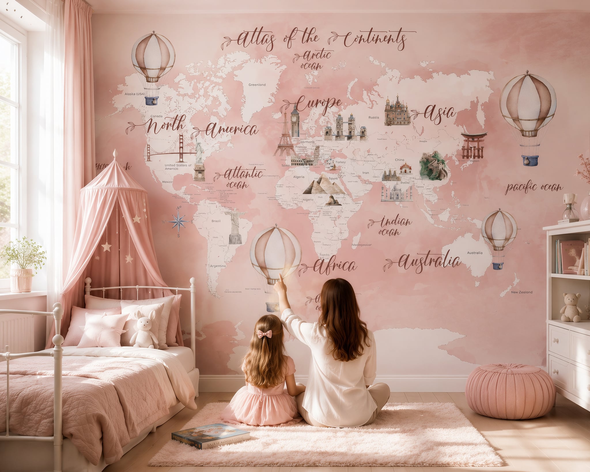 Pink world map wallpaper with landmarks and hot air balloons