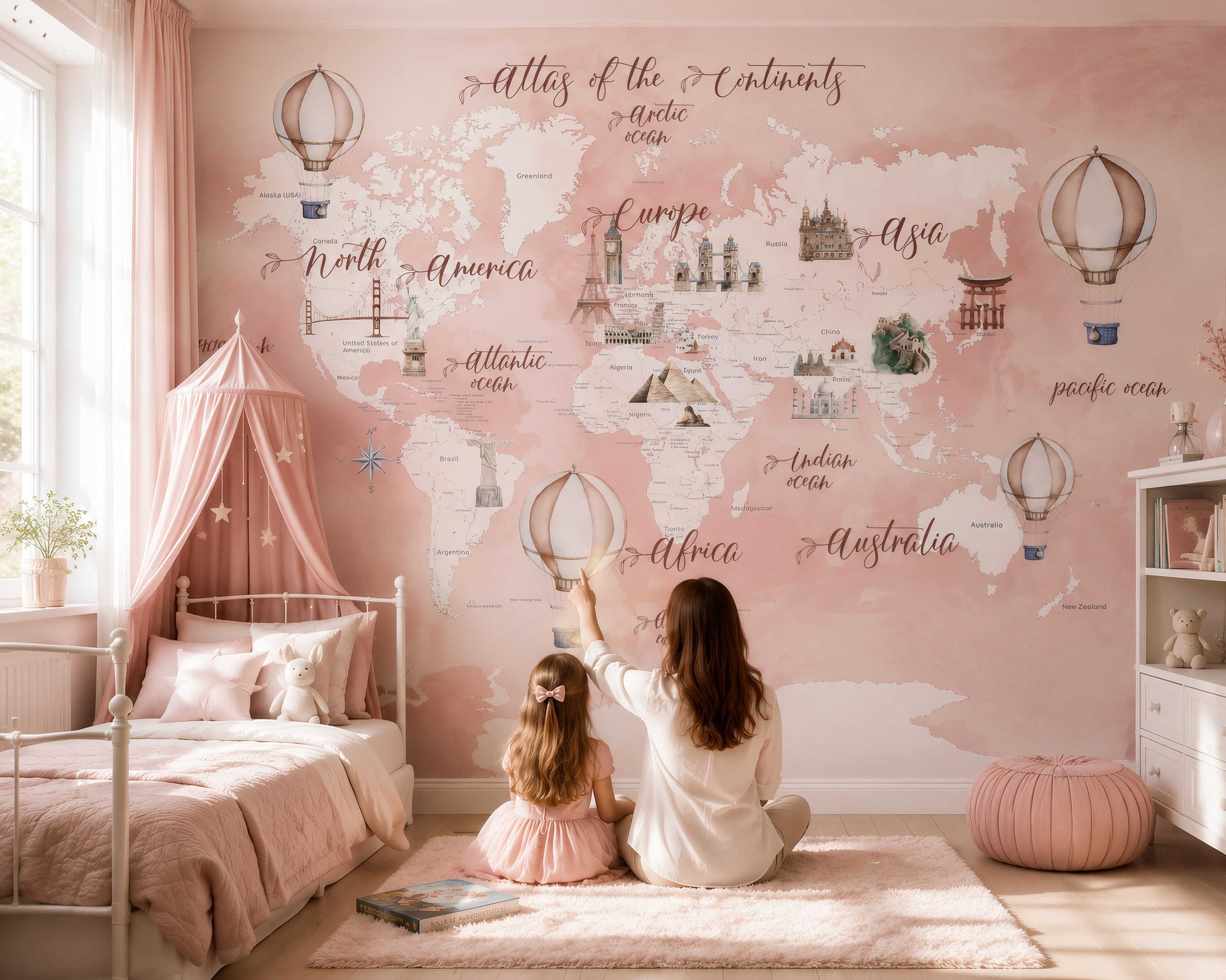 Pink world map wallpaper with landmarks and hot air balloons