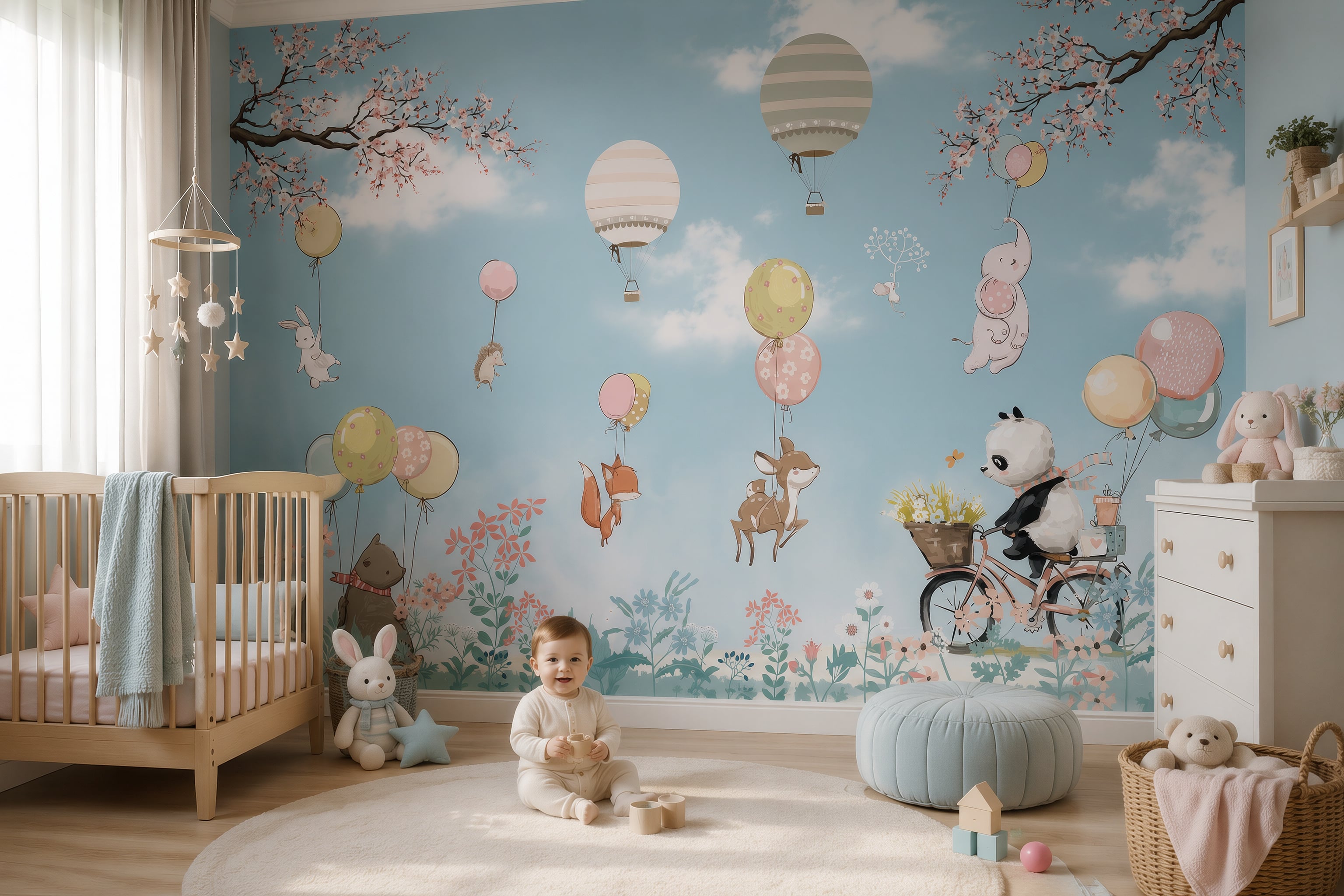 Dreamy balloon animal wallpaper with panda elephant fox and woodland friends