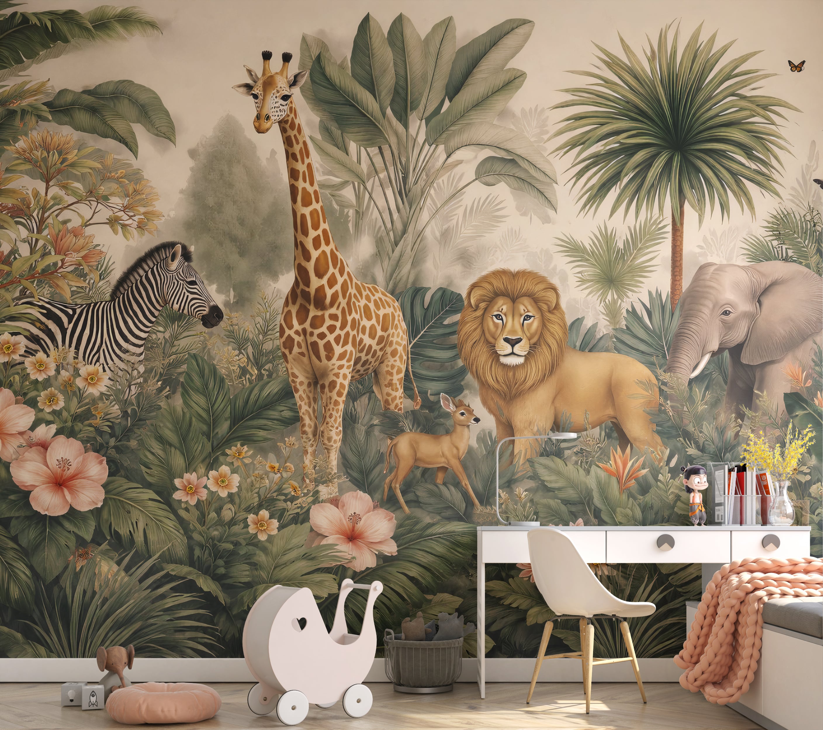 Kids room wallpaper with giraffe lion zebra and botanical details