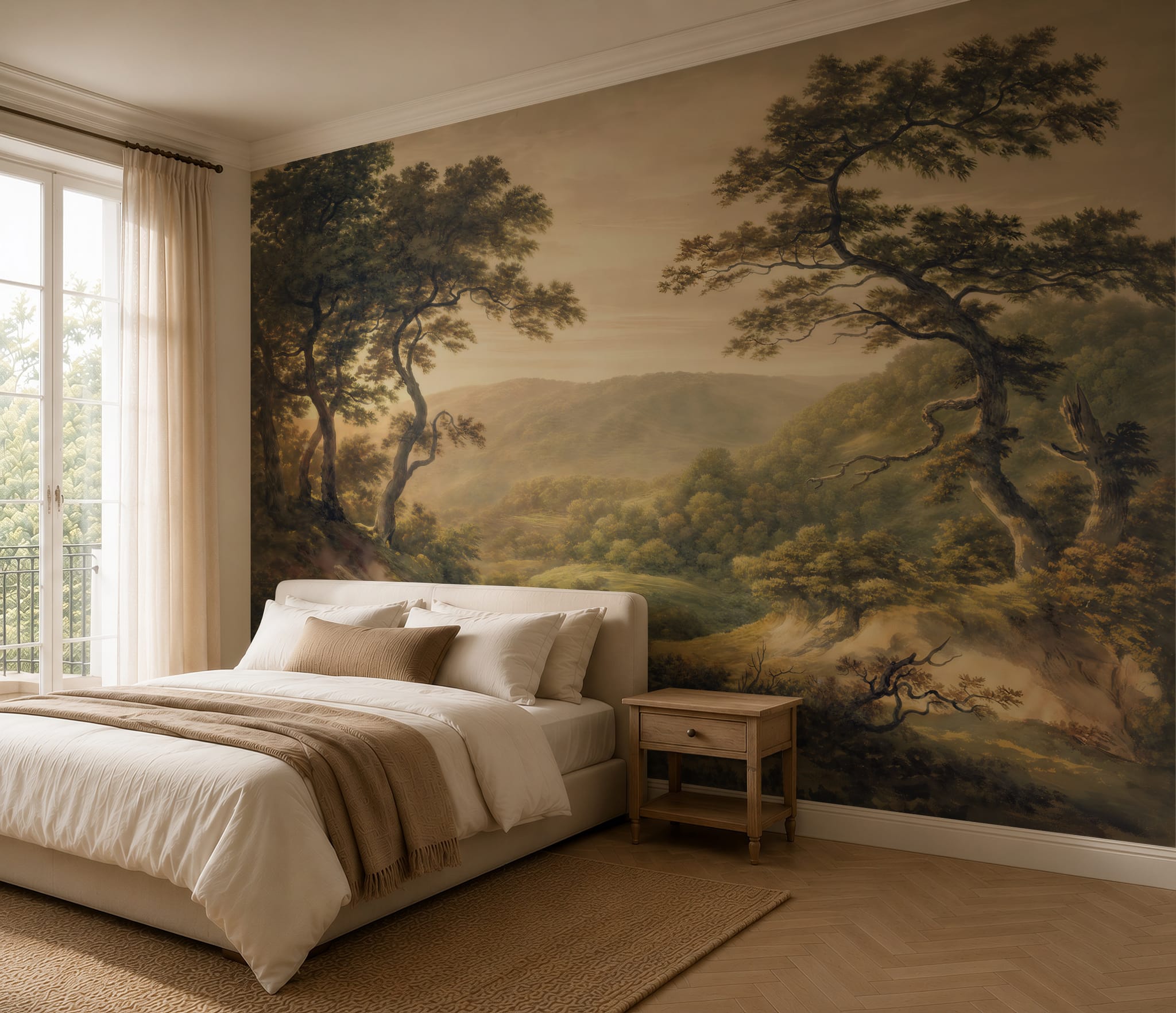 Vintage woodland landscape wallpaper wall mural with tall scenic trees, rolling hills, and a warm atmospheric valley view
