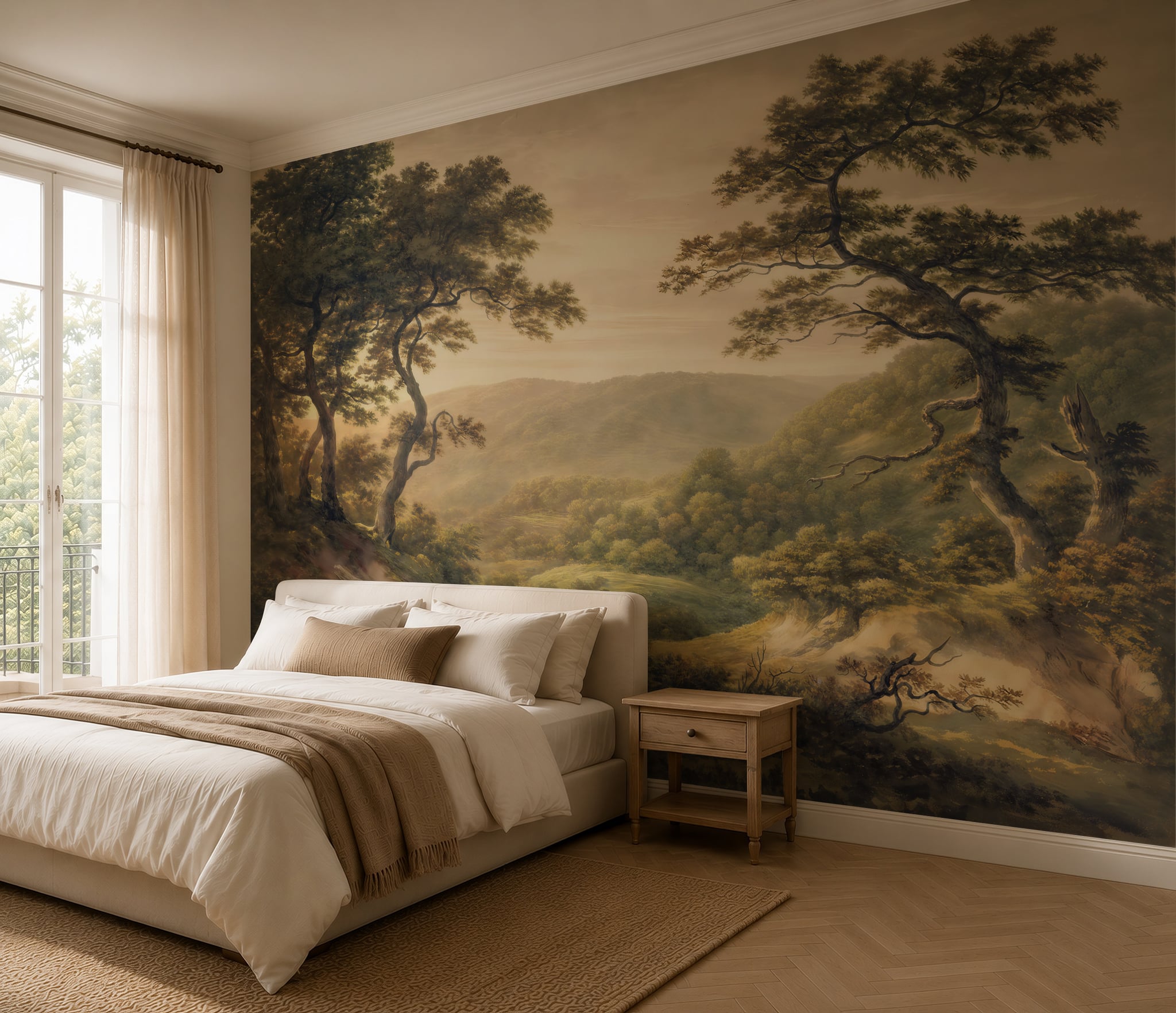 Vintage woodland landscape wallpaper wall mural with tall scenic trees, rolling hills, and a warm atmospheric valley view