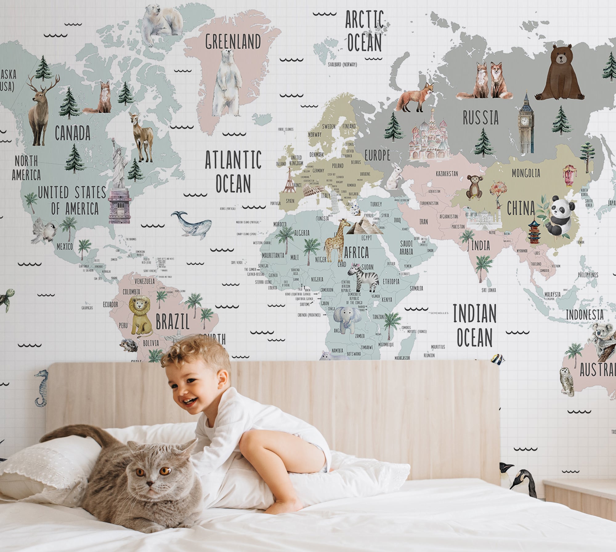 Educational world map wallpaper for kids bedroom