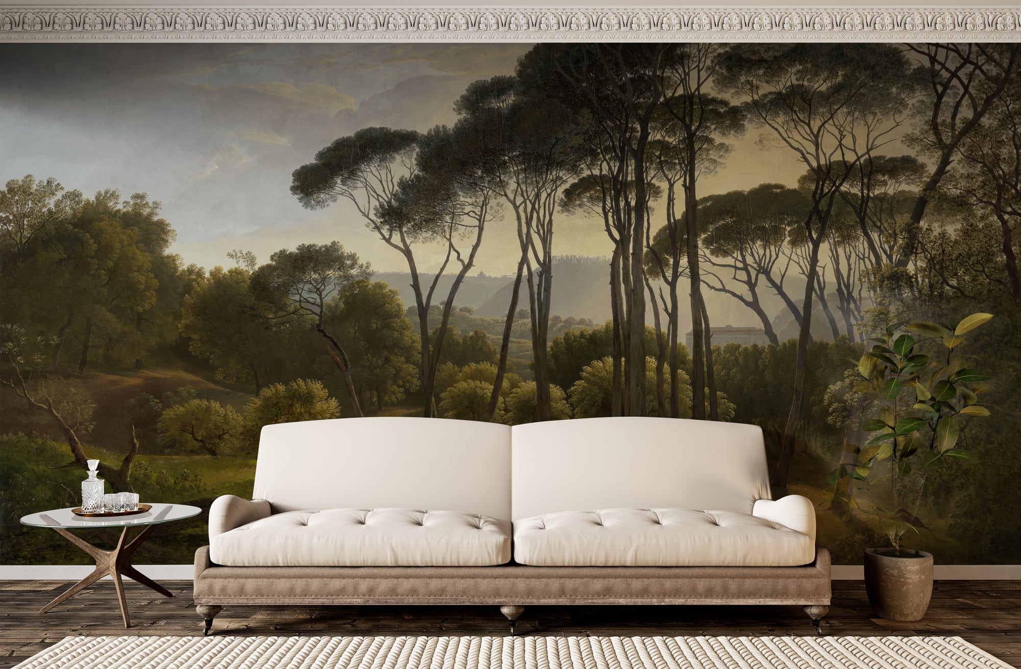 Dark scenic tree wall mural displayed in a refined interior with walnut furniture and a soft neutral lounge chair