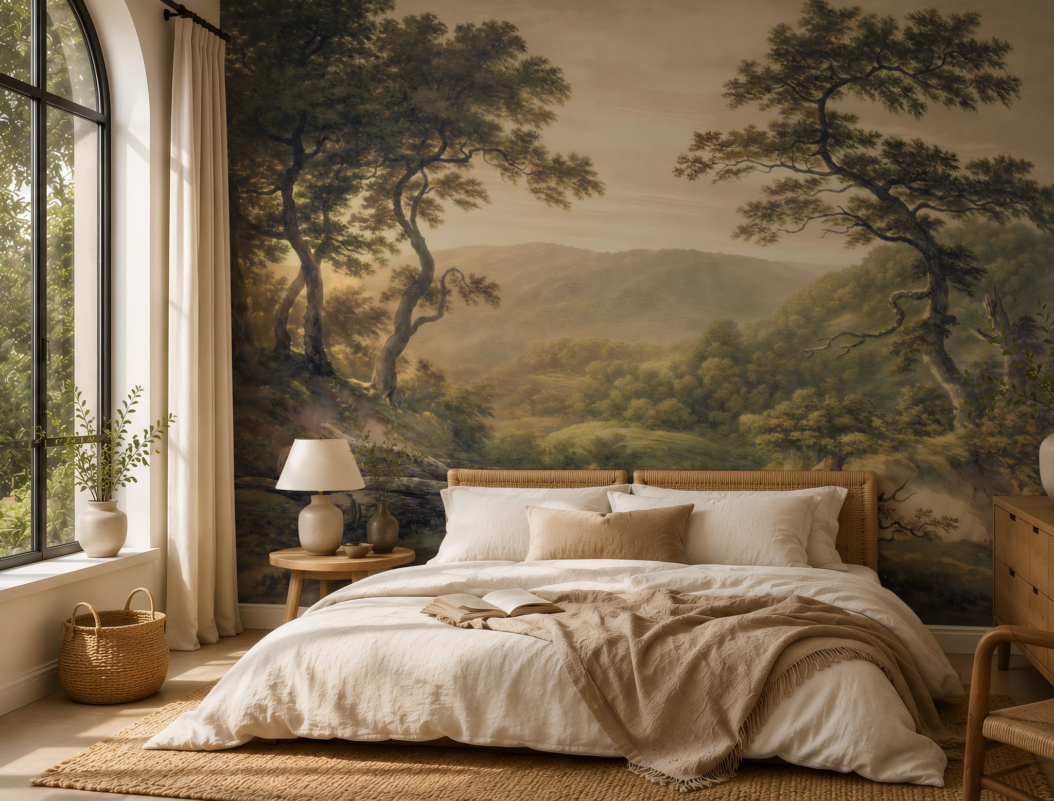 Scenic tree wall mural displayed in a calm bedroom with neutral bedding and a romantic old master landscape view