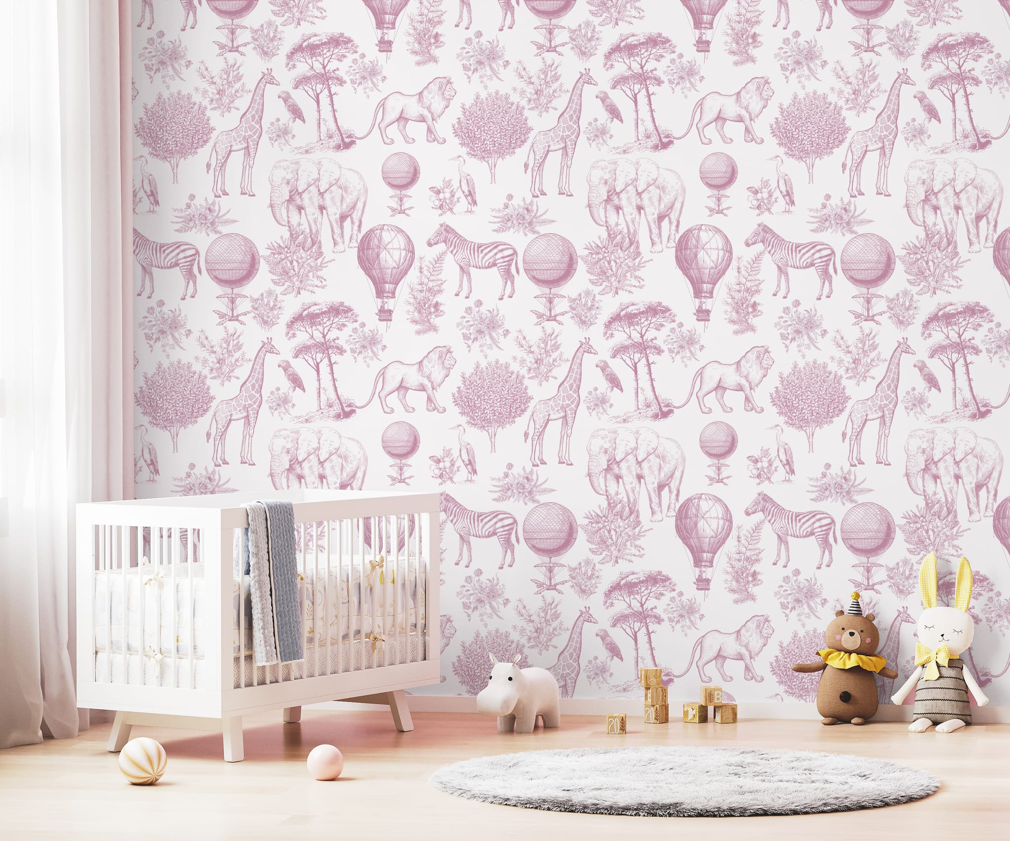 Elegant girls nursery wallpaper with safari toile pattern